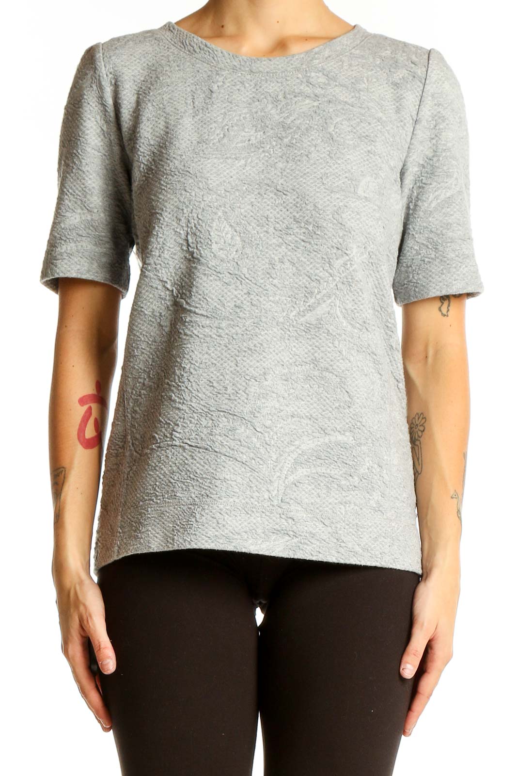 Gray Textured Short Sleeve Knit Top Front