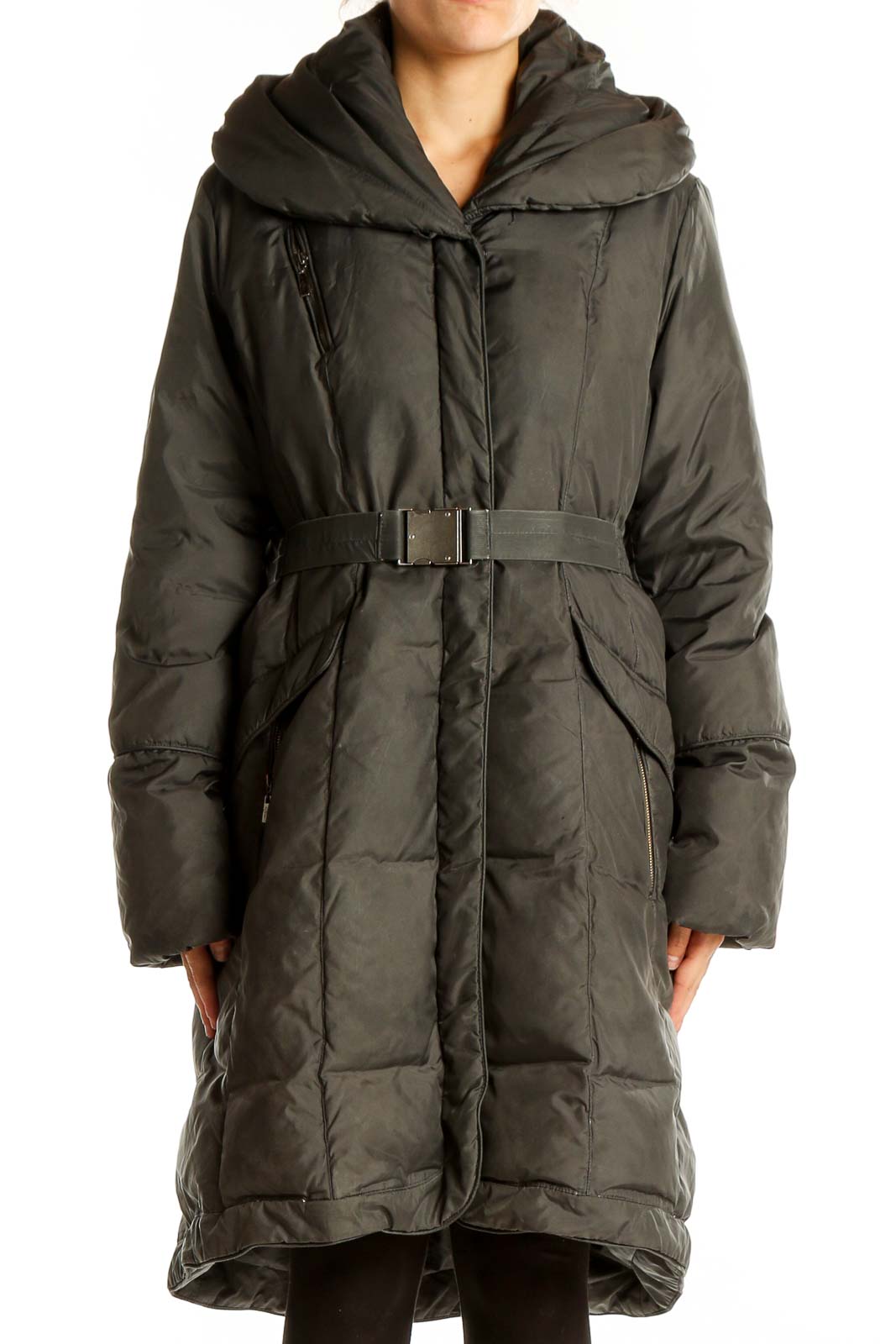 Olive Green Belted Down Puffer Coat Front