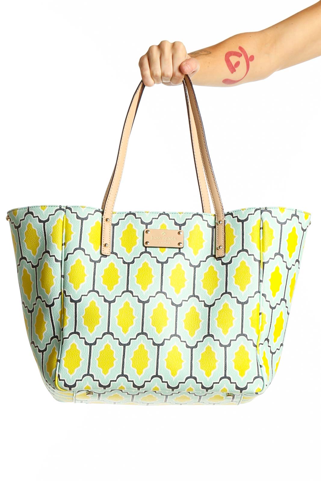 Yellow and Mint Geometric Print Tote Front