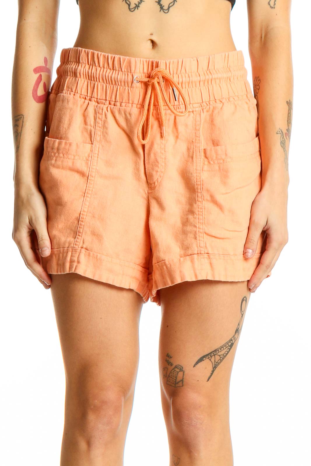 Peach Linen Drawstring Shorts Front