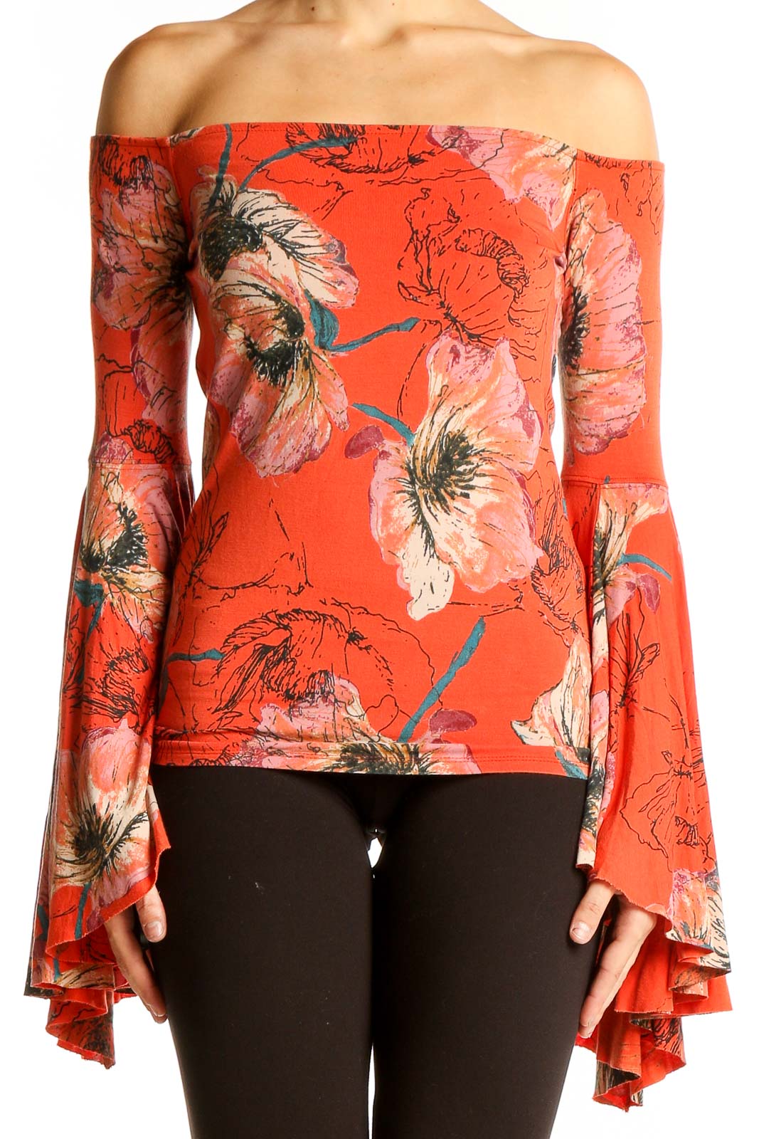 Orange Floral Off-Shoulder Bell Sleeve Top Front