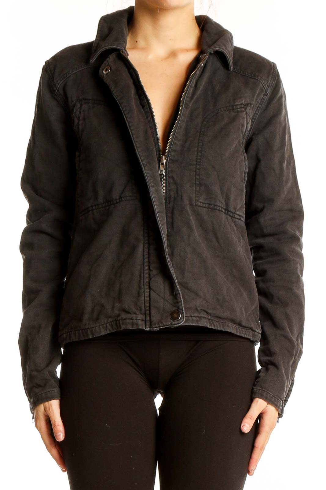 Dark Gray Cotton Blend Denim Jacket Front