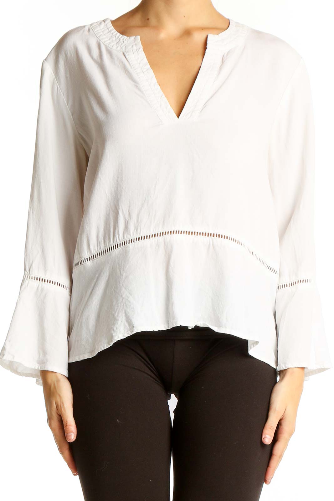 White Tencel Lyocell V-Neck Blouse Front