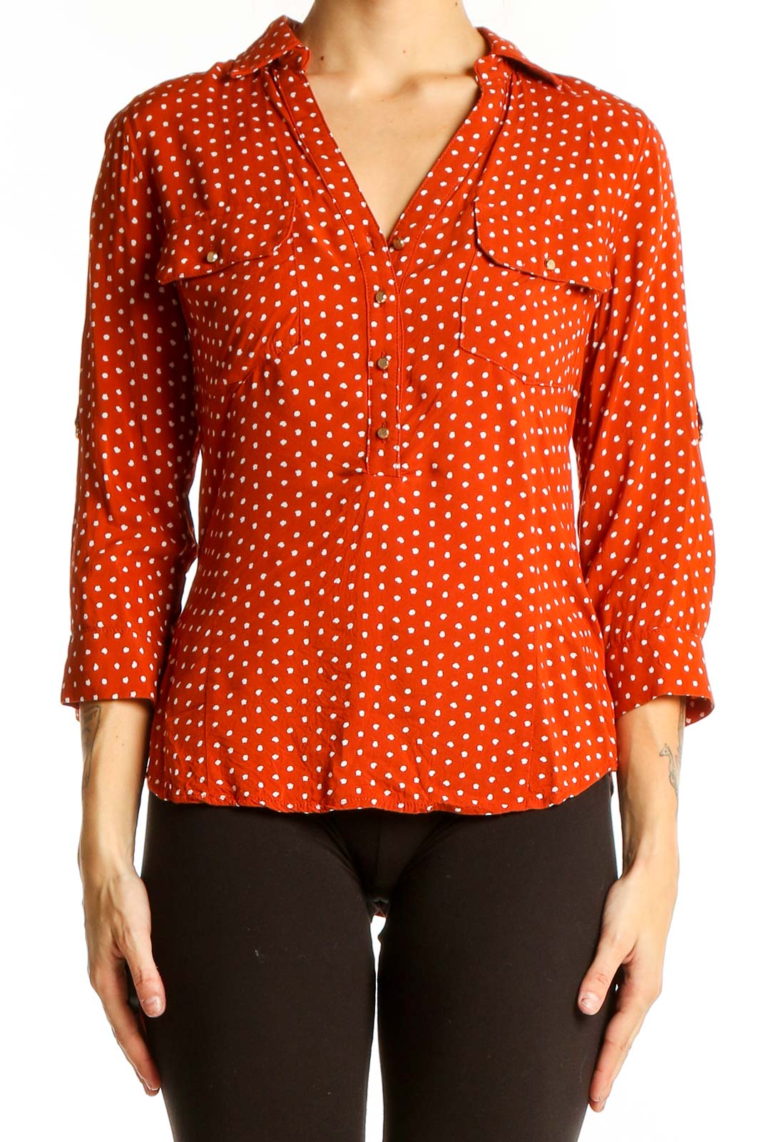 Orange Polka Dot Button-Up Blouse Front