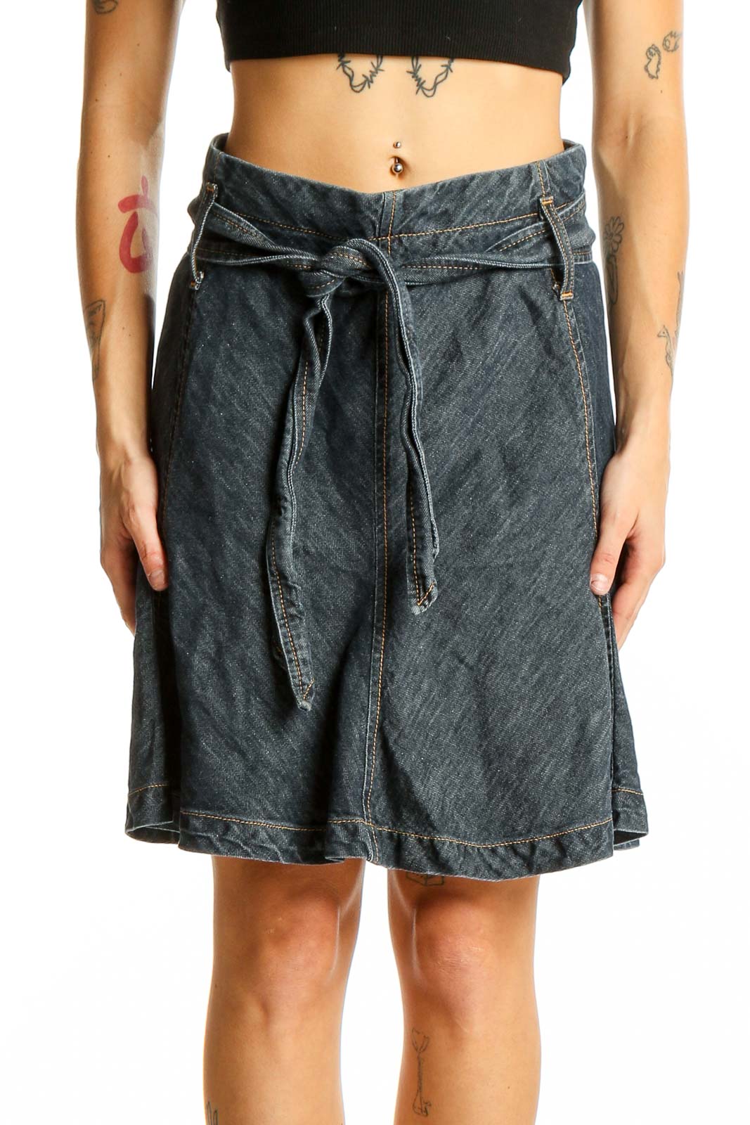 Dark Blue Cotton-Linen Blend A-Line Skirt Front