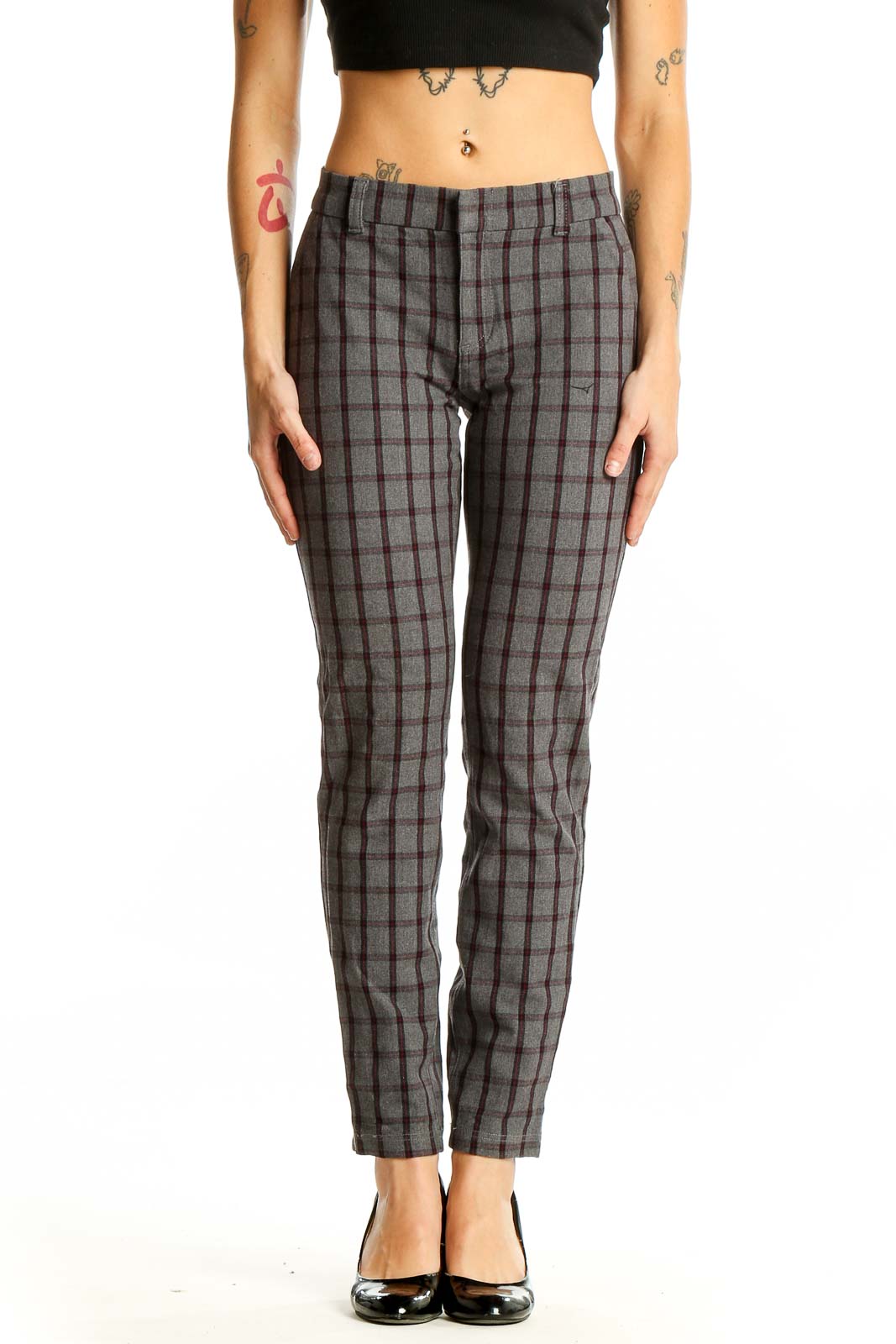 Gray Plaid Cotton Blend Trousers Front