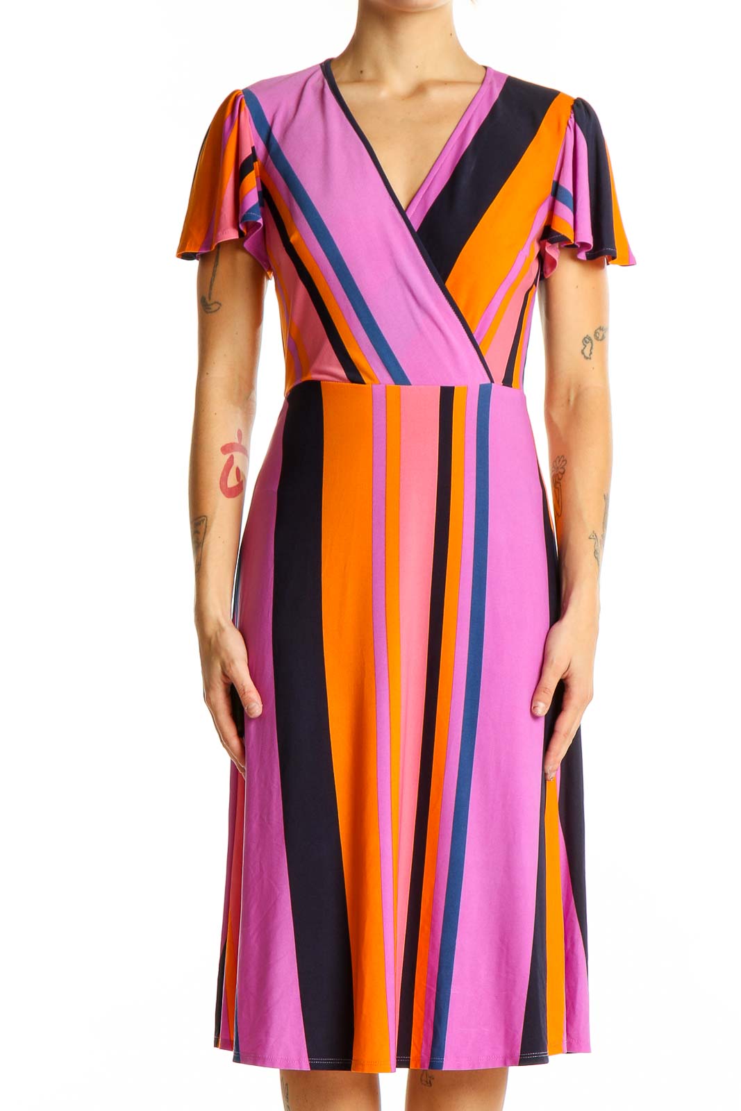 Pink Striped Wrap Midi Dress Front