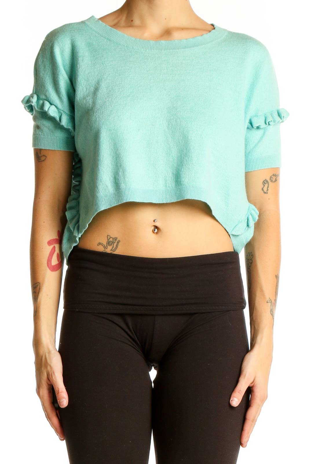 Mint Cropped Ruffle-Sleeve Sweater Front