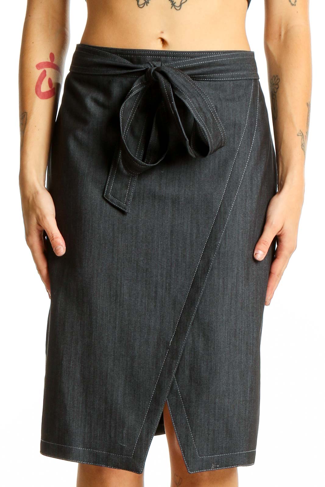 Dark Gray Wrap-Style Pencil Skirt Front