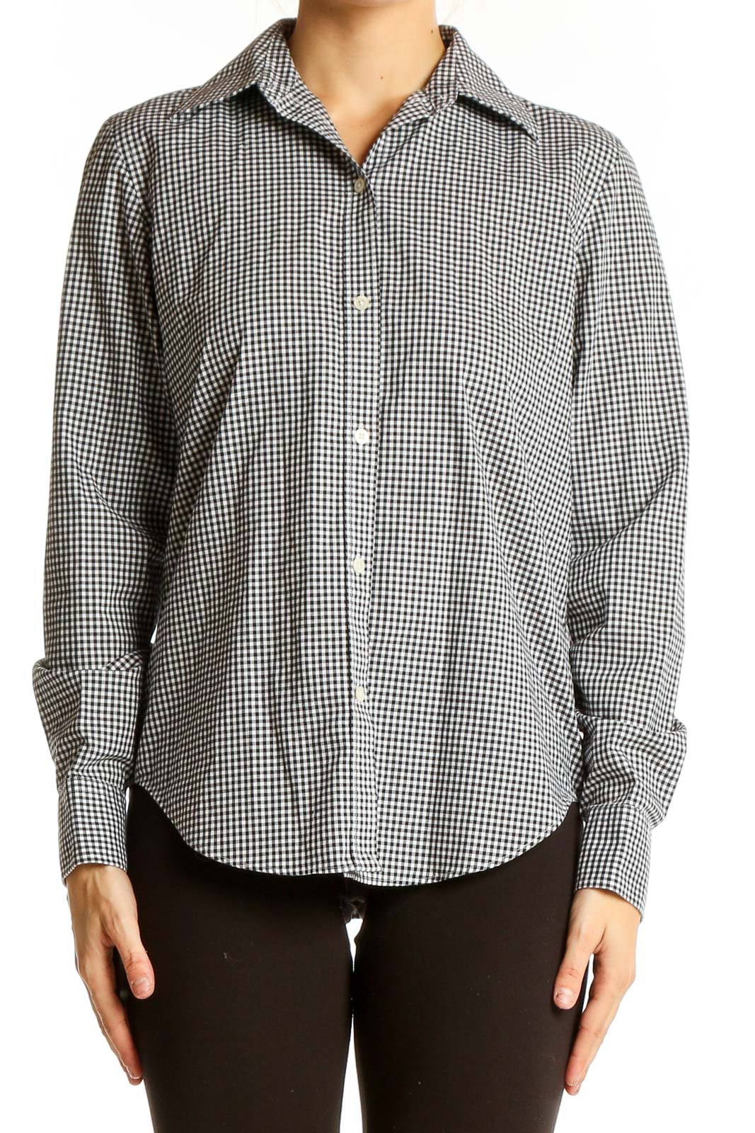 Black and White Gingham Cotton Button-Up Shirt Front