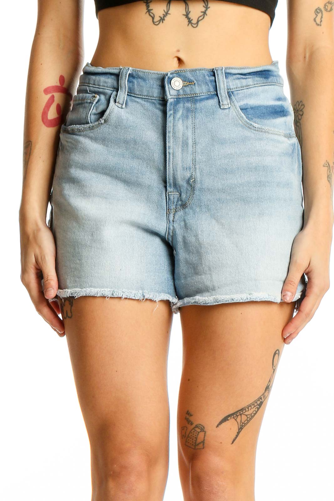 Light Blue Frayed Hem Denim Shorts Front