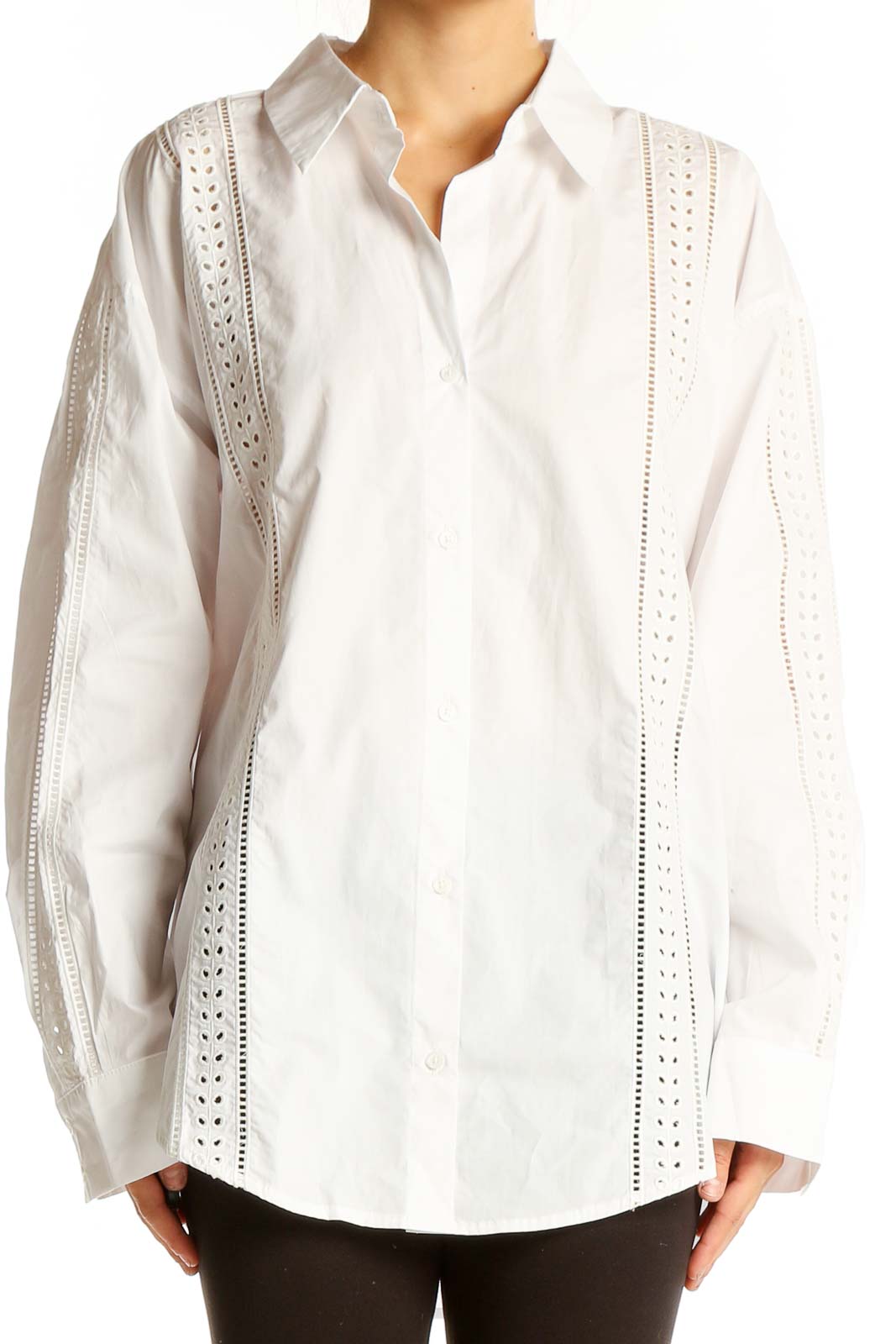 White Eyelet Lace Button-Down Shirt Front