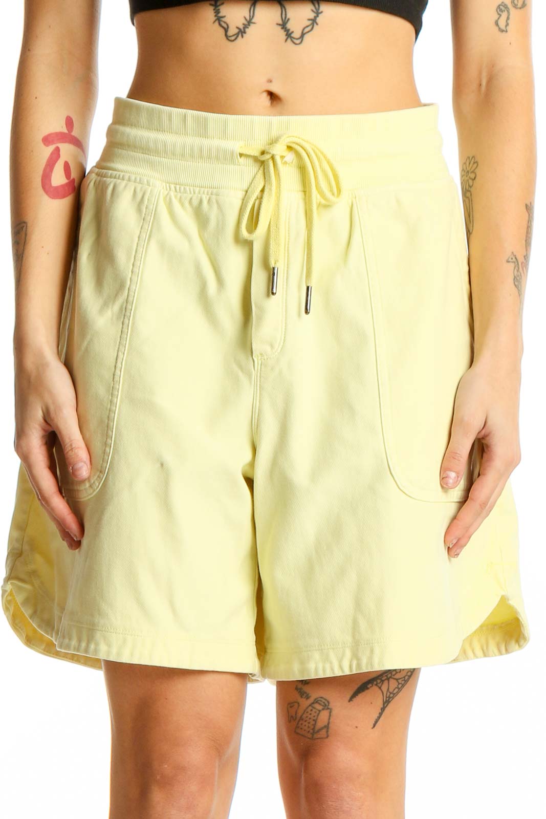 Yellow Cotton-Blend Drawstring Shorts Front