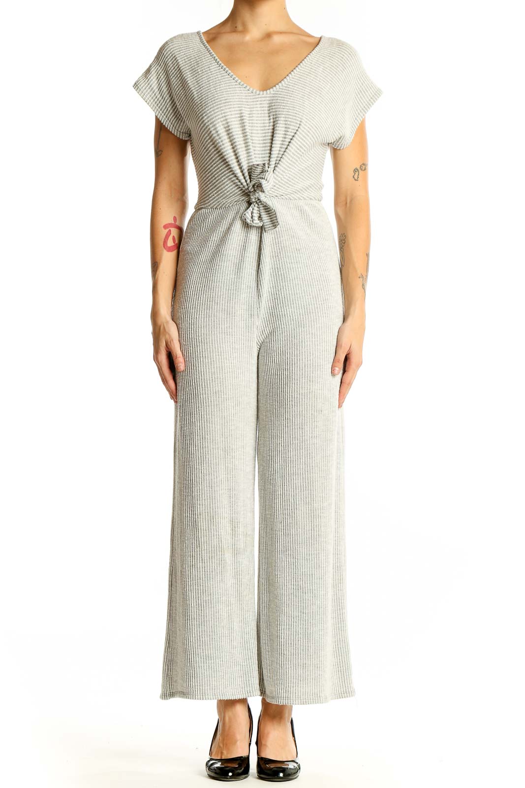 Gray Ribbed Tie-Front Jumpsuit Front
