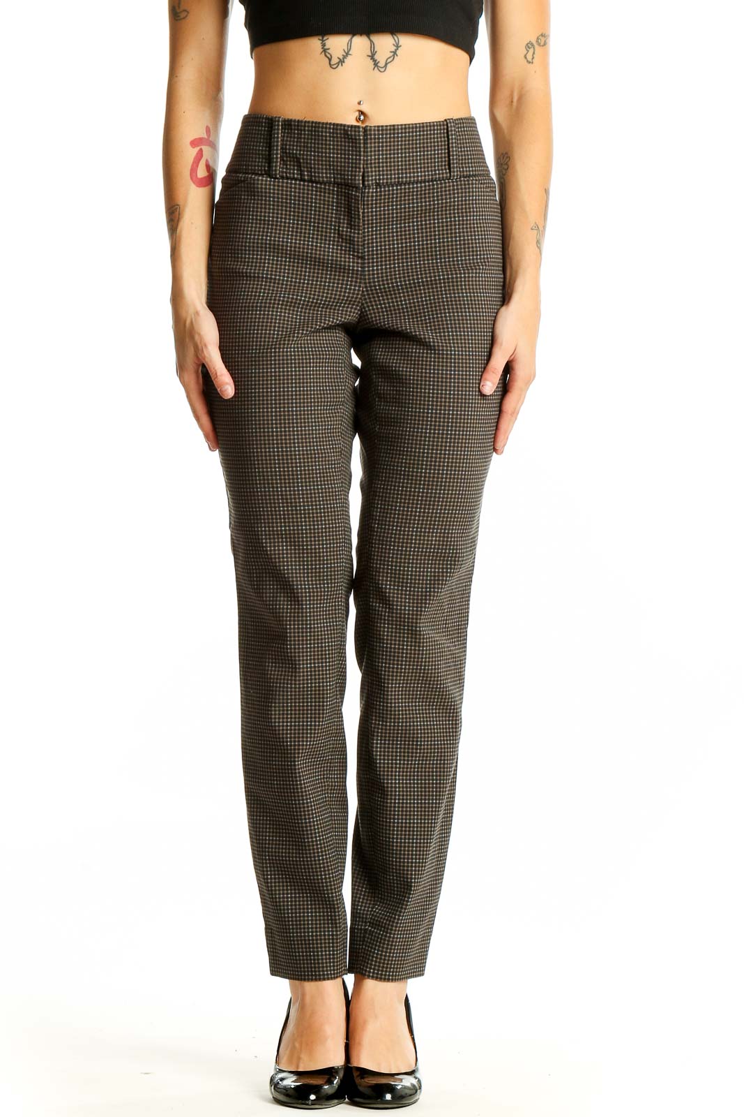 Brown Houndstooth Check Slim Fit Trousers Front