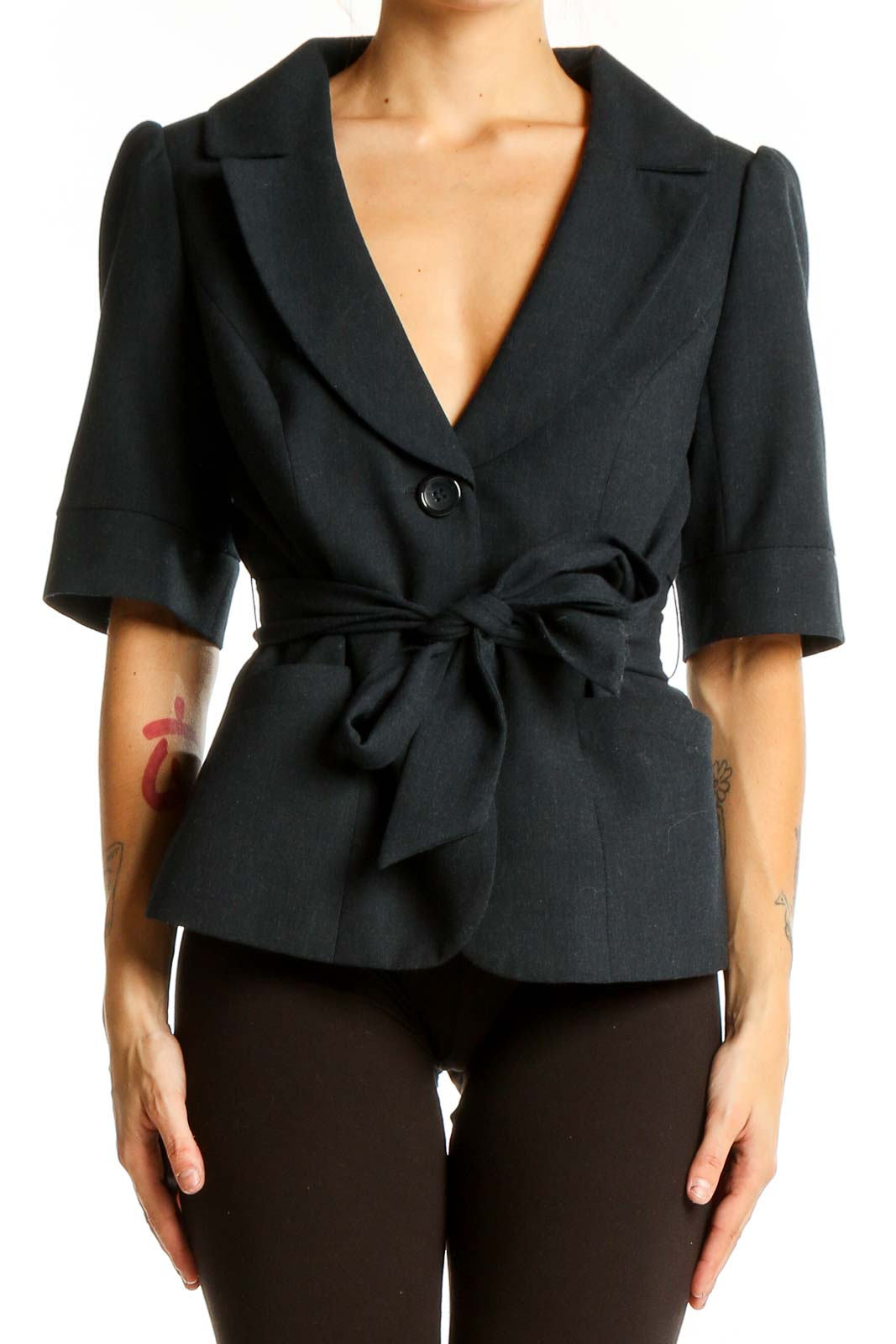 Black Belted Short-Sleeve Blazer Front