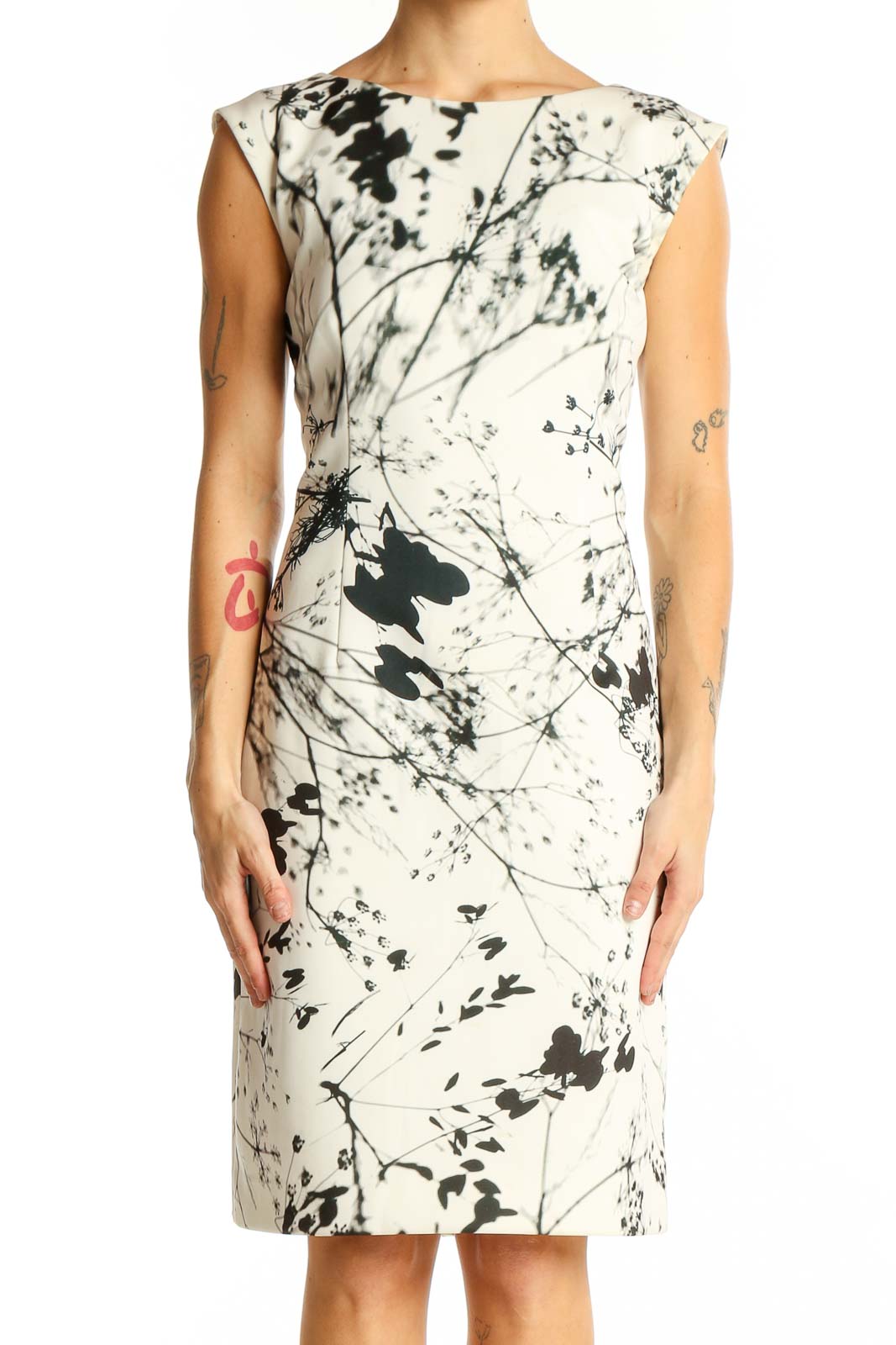 White Floral Abstract Sheath Dress Front