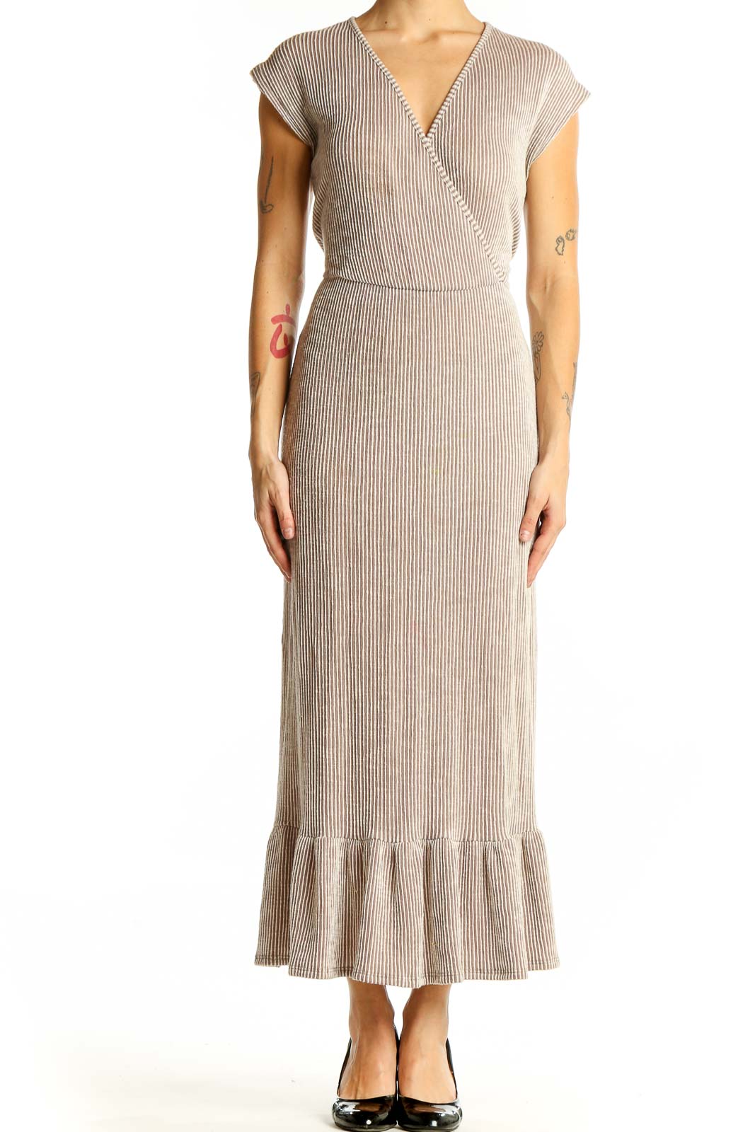 Beige Ribbed Wrap Maxi Dress Front