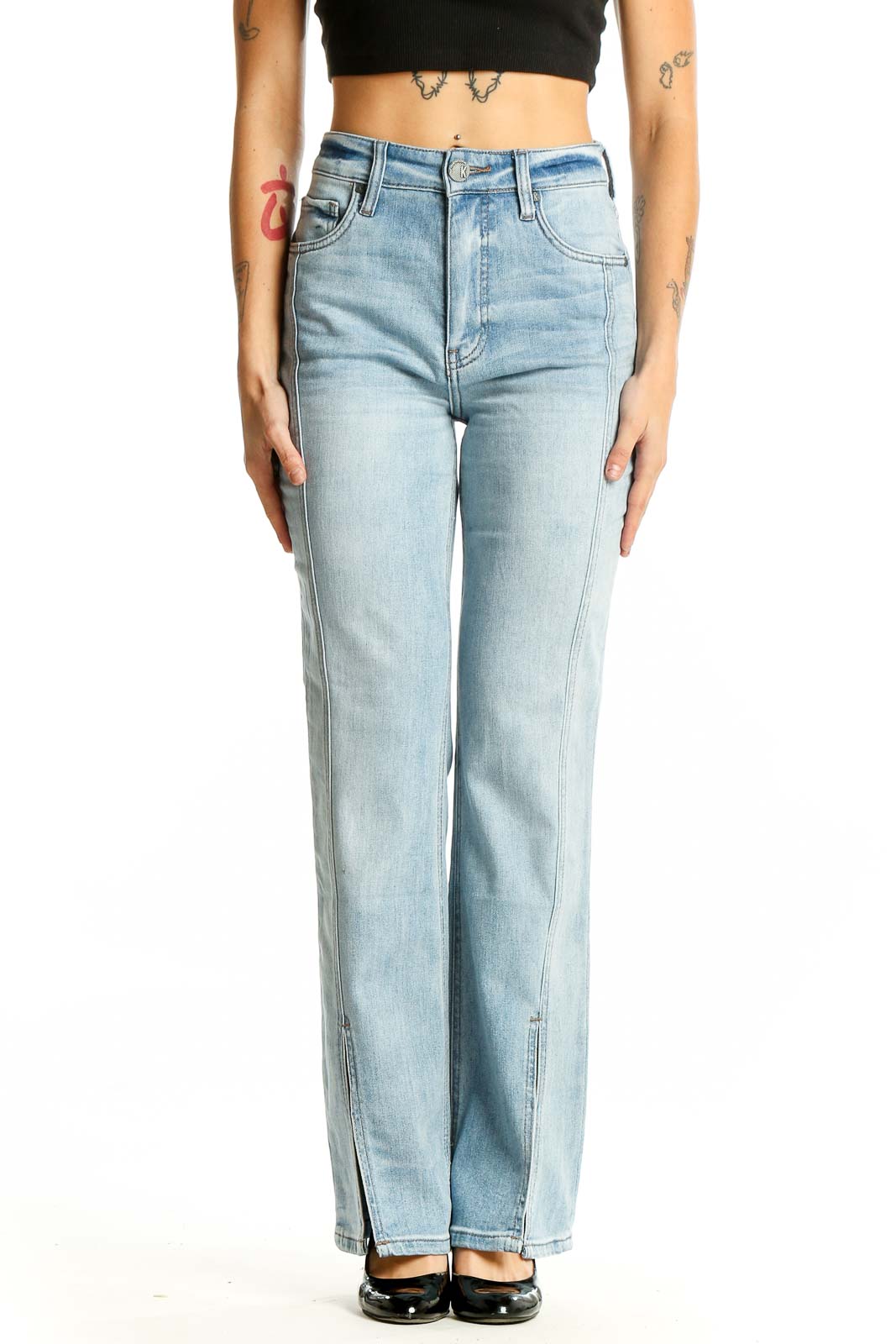 Light Blue Split-Hem Straight Leg Jeans Front