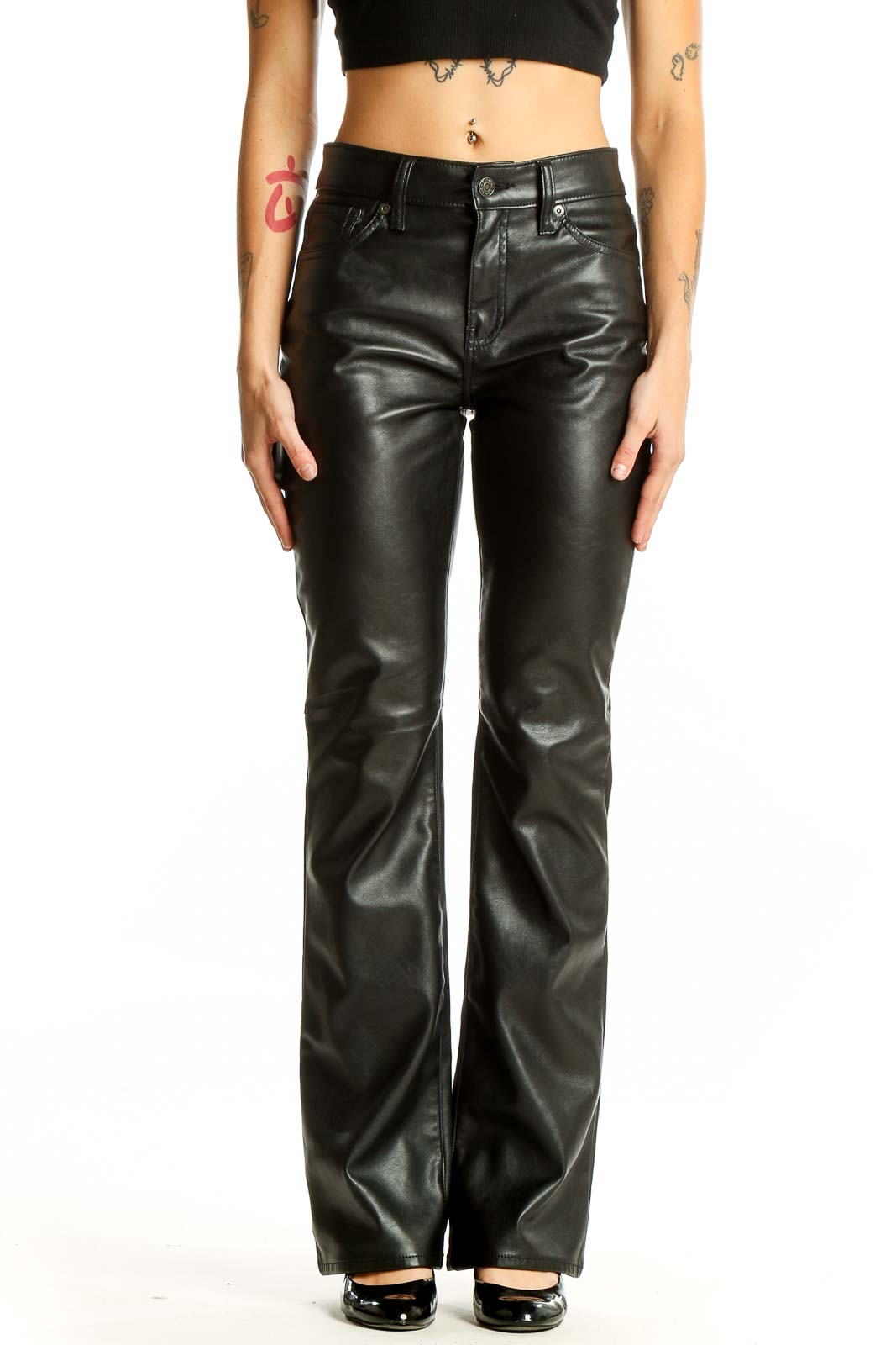 Black Faux Leather Flare Pants Front
