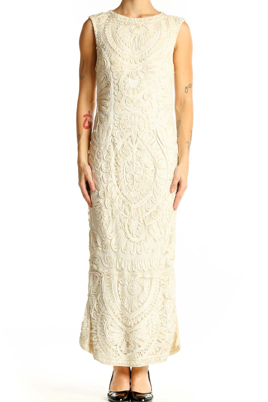 Ivory Embroidered Lace Maxi Dress Front