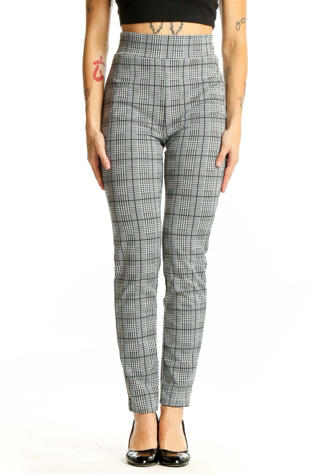Gray Plaid High-Waisted Slim Pants Front