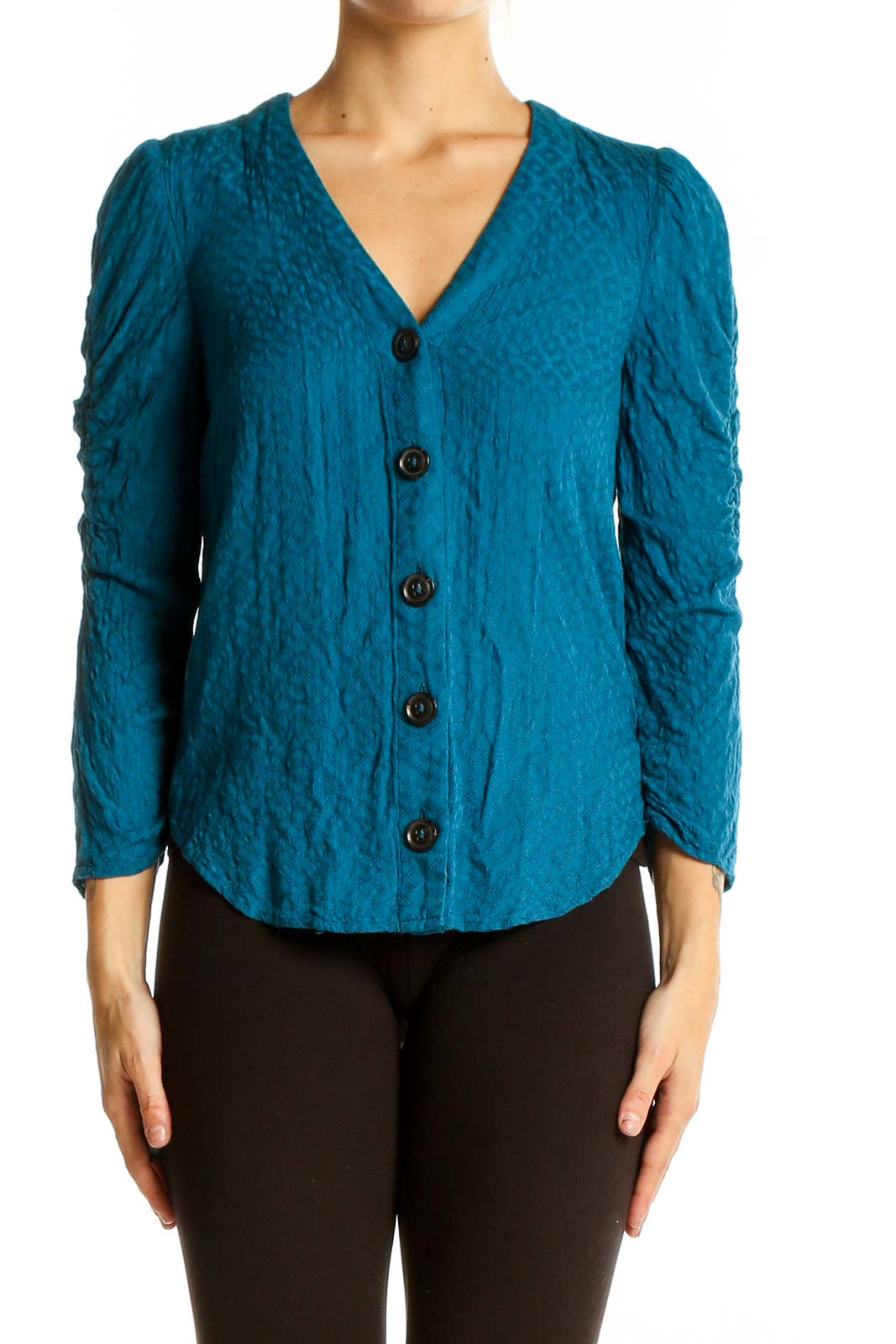 Teal Textured Button-Down Blouse Front