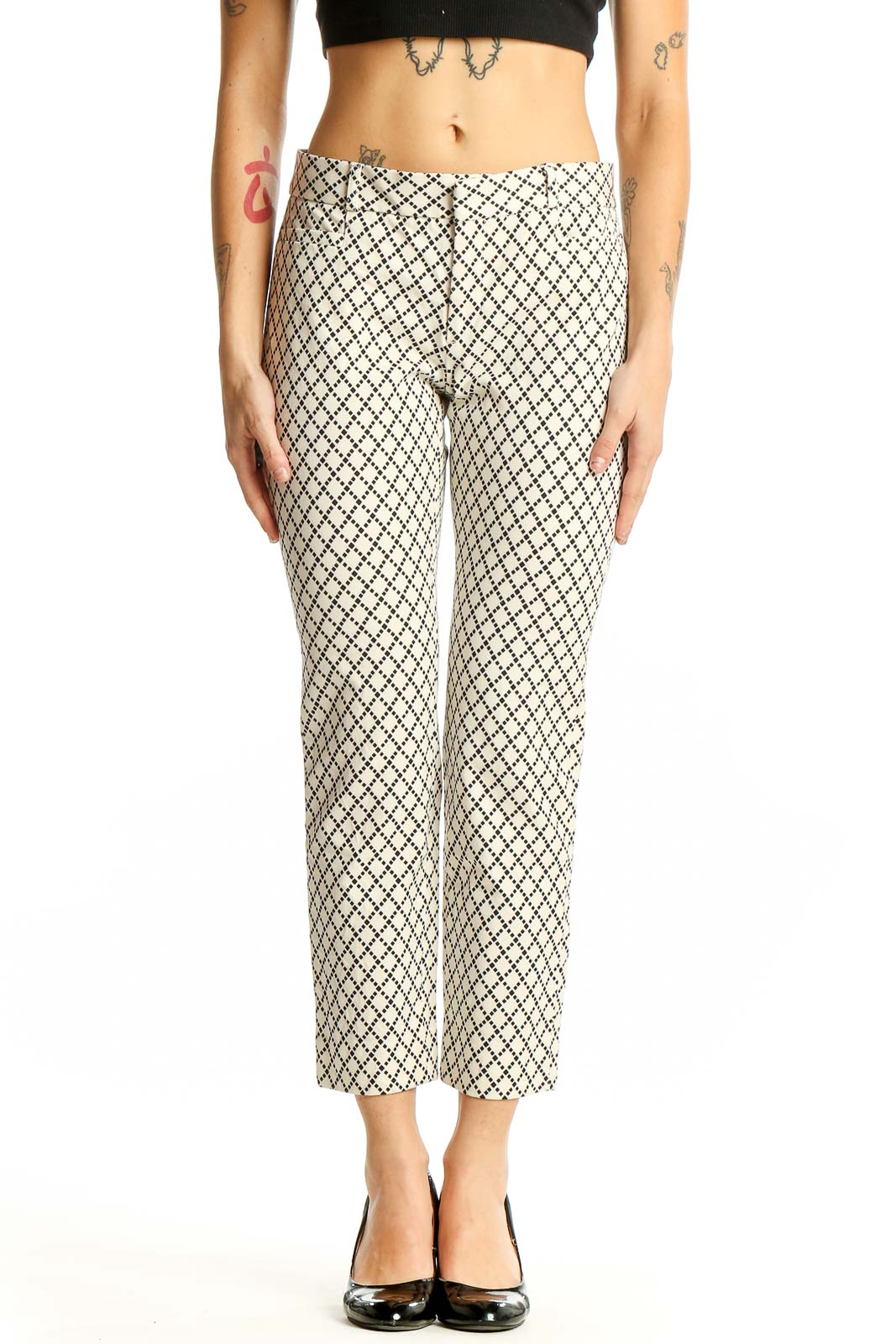 Cream Geometric Print Cropped Pants Front