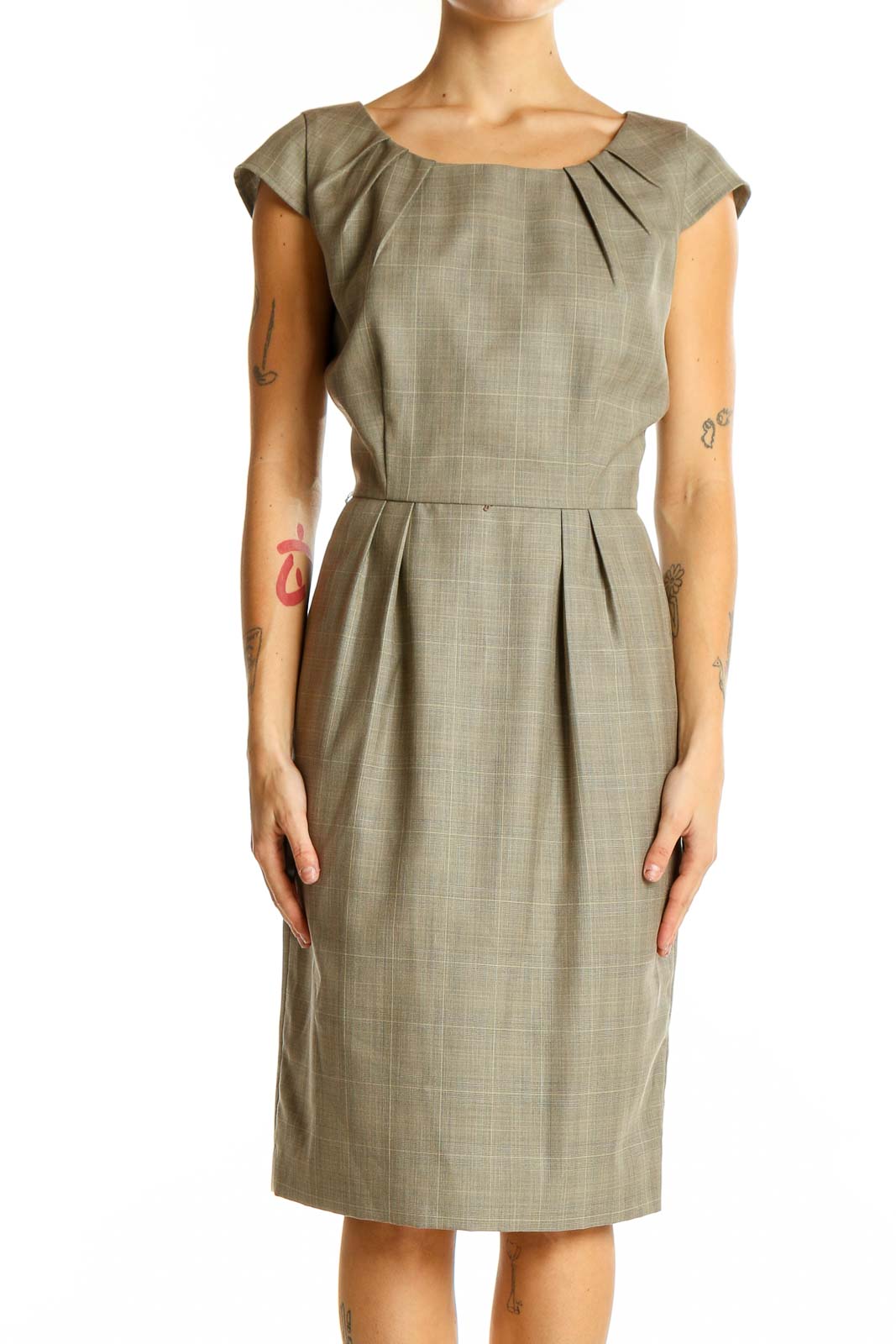 Taupe Pleated Cap Sleeve Sheath Dress Front