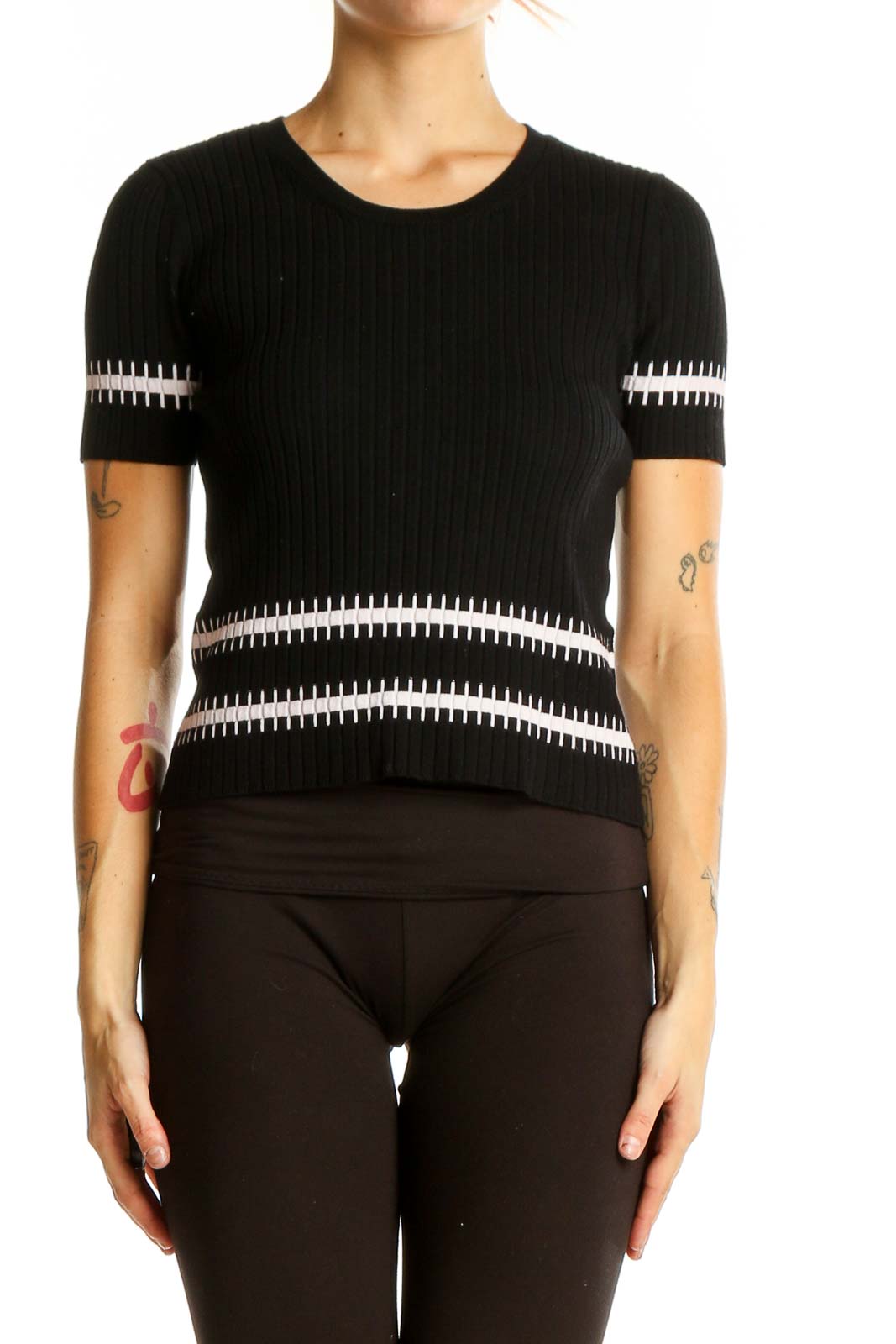 Black Ribbed Knit Top with White Stripes Front