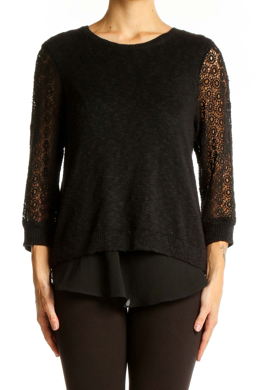 Black Cotton-Linen Blend Lace Sleeve Sweater Front