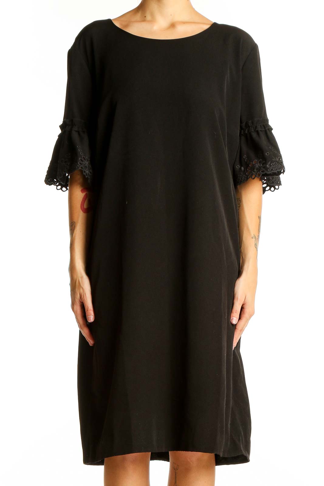 Black Elegant Shift Dress with Lace Bell Sleeves Front