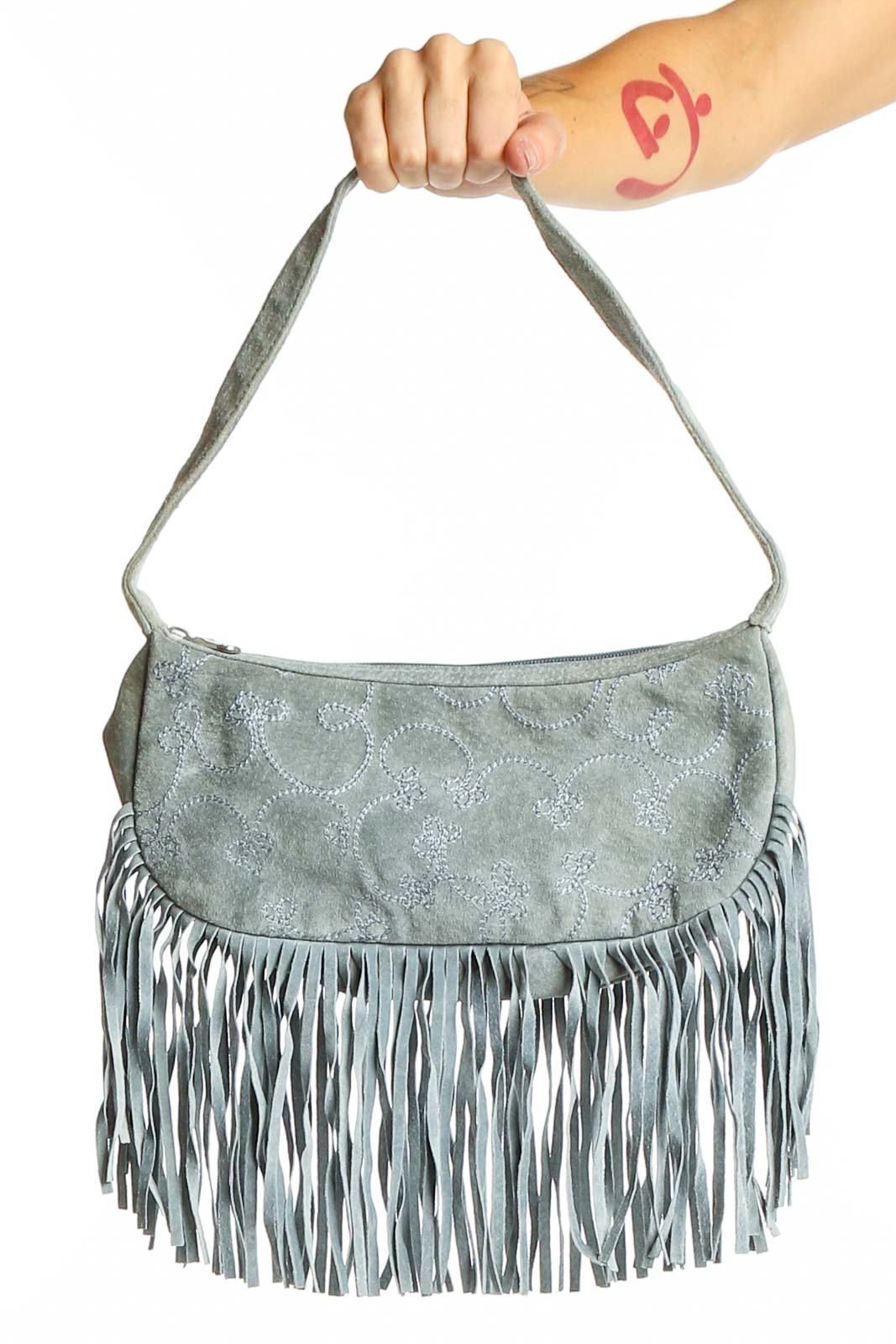 Sage Green Fringed Suede Clutch Front