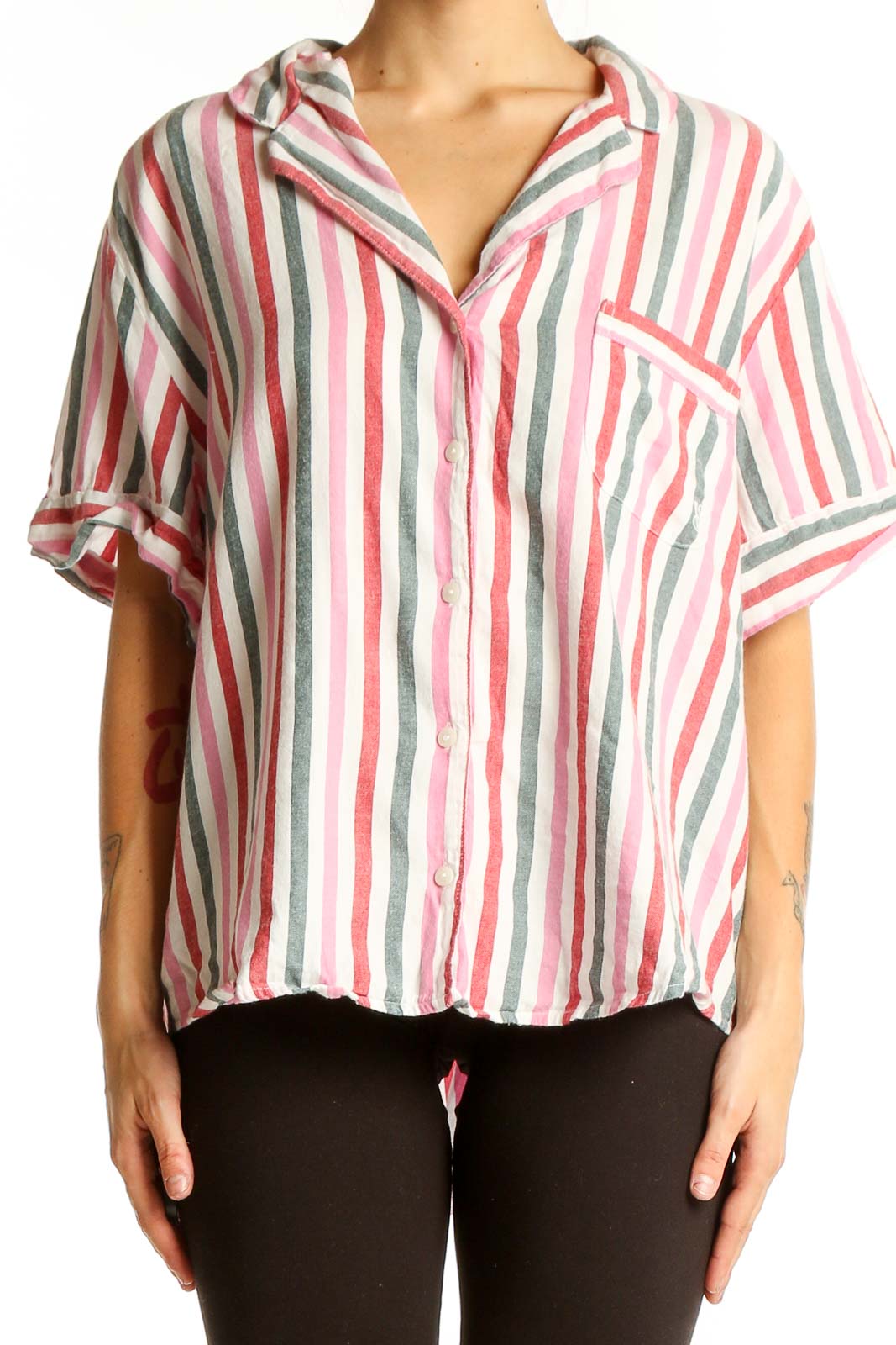 Pink Striped Cotton Button-Up Shirt Front