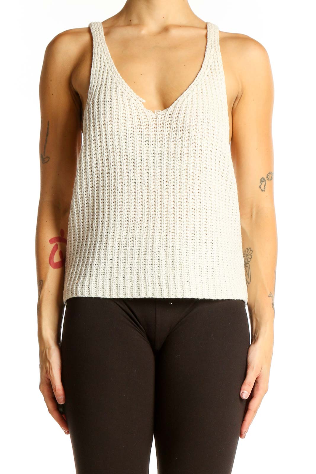 White Knitted V-Neck Sleeveless Top Front
