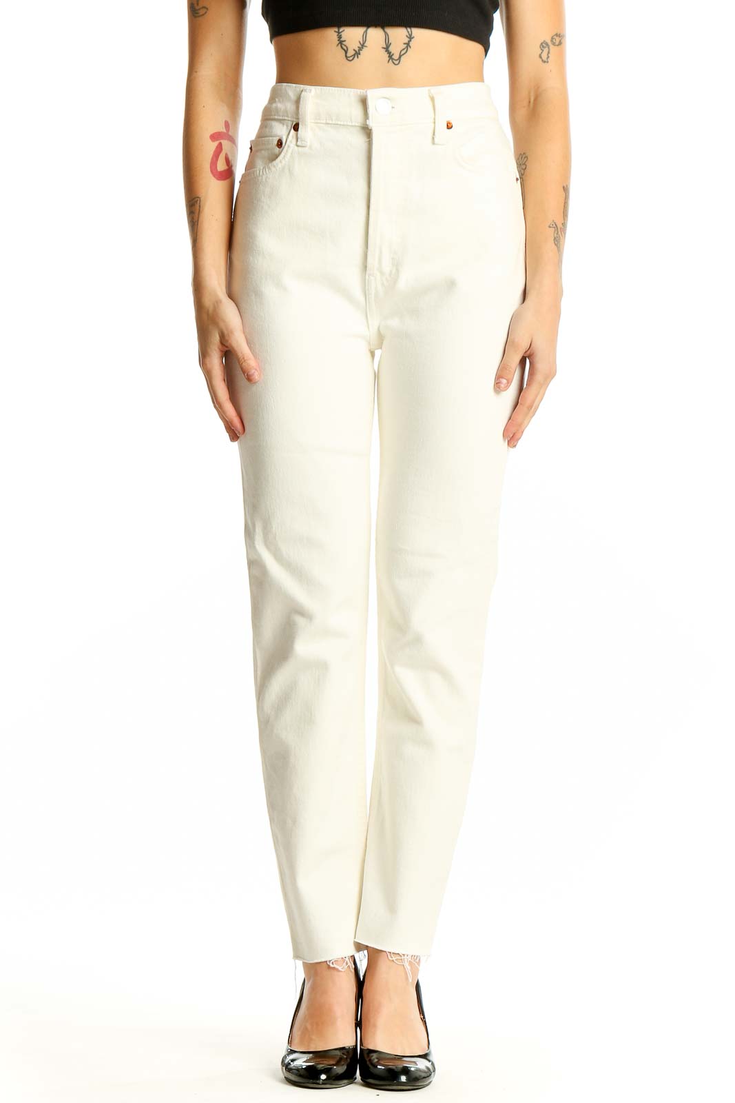 White High-Waisted Straight-Leg Jeans Front