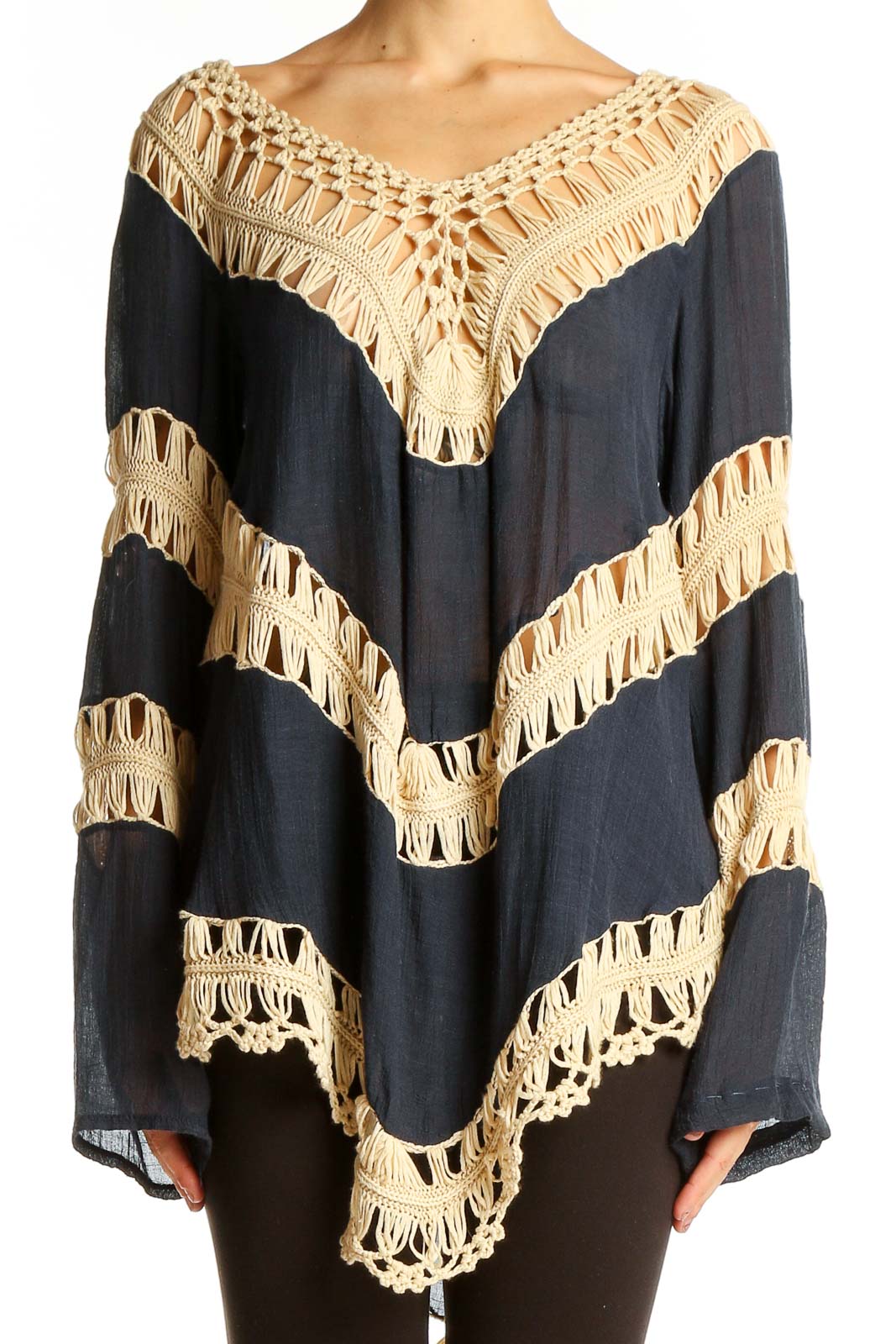 Navy Crochet-Trimmed Boho Tunic Top Front