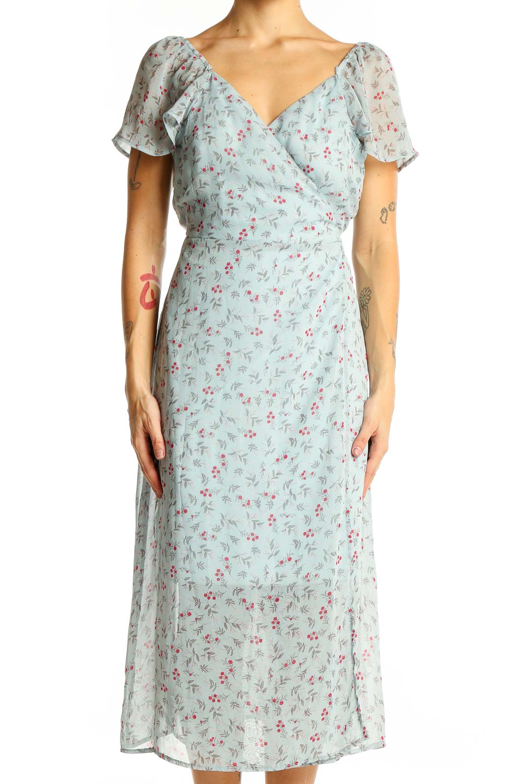 Mint Floral Wrap Midi Dress Front