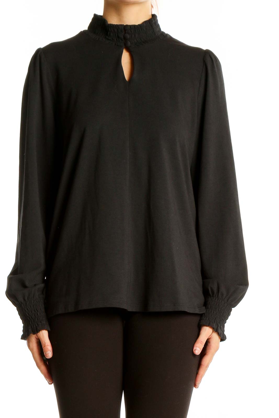 Black Cotton-Modal Blend Long Sleeve Top Front