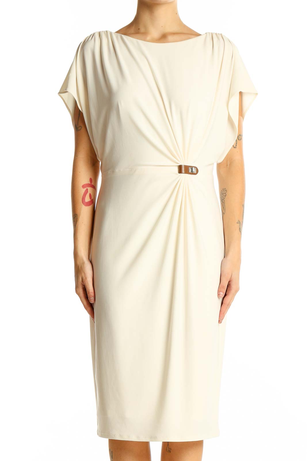 Cream Elegant Draped Midi Dress Front