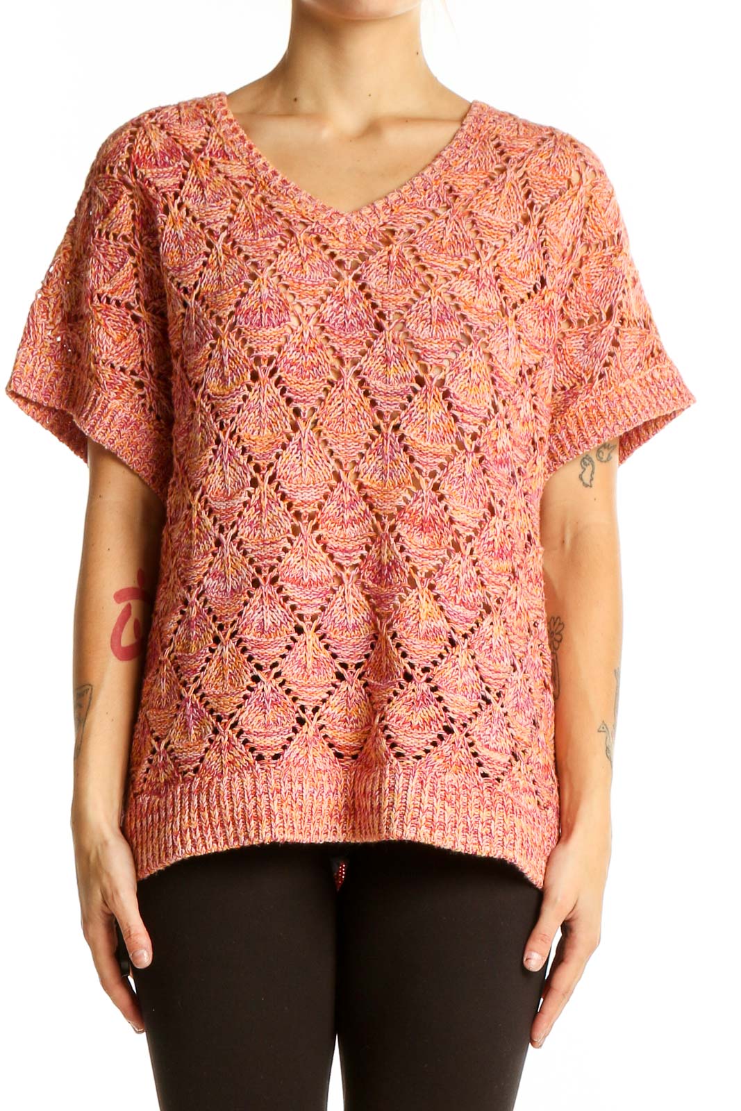 Coral Openwork Knit Short Sleeve Sweater Front