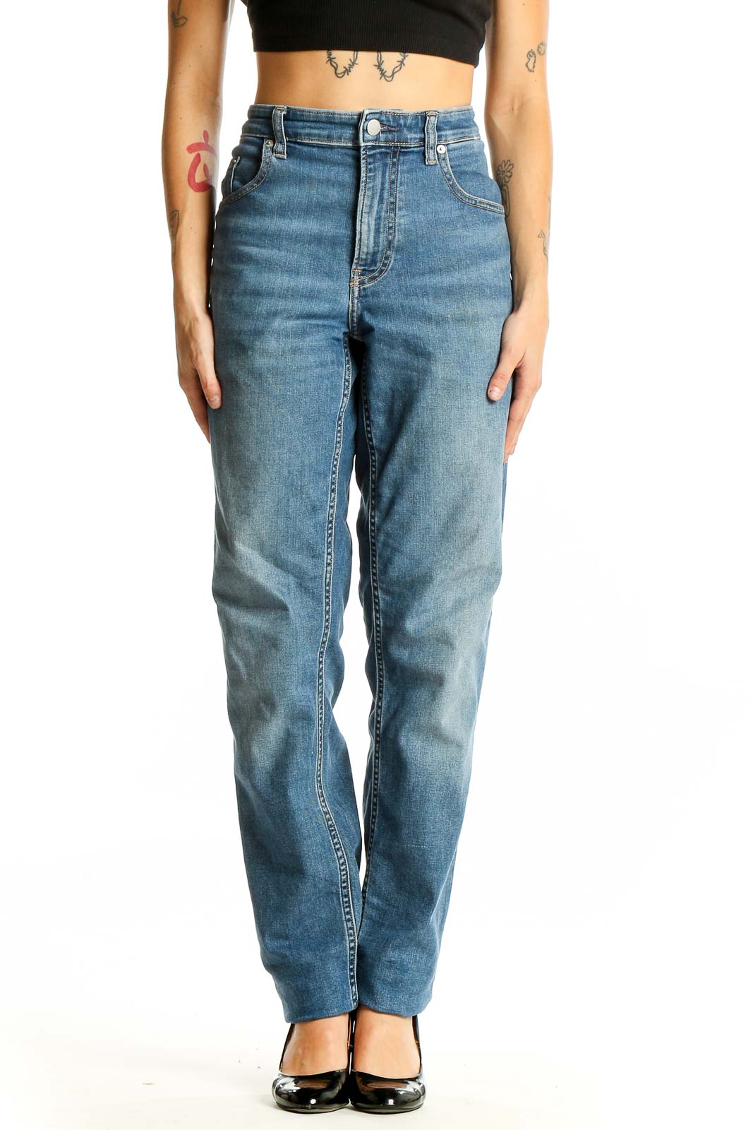 Blue High-Waisted Straight Leg Jeans Front