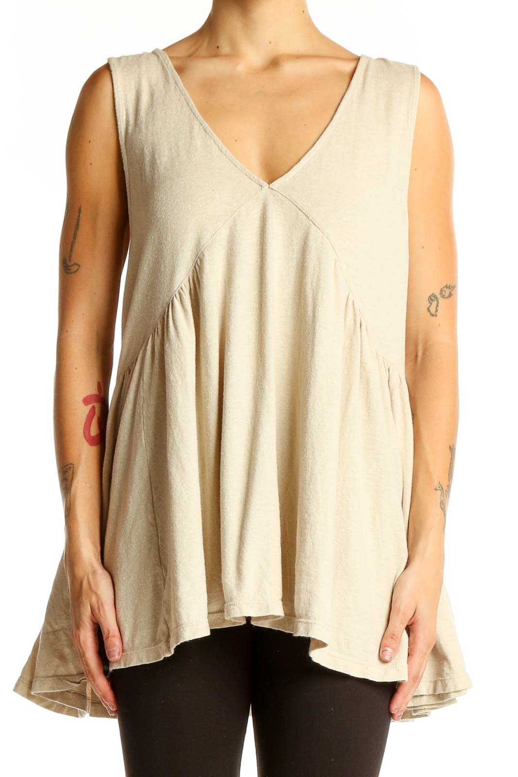 Beige Flowy V-Neck Sleeveless Tunic Front