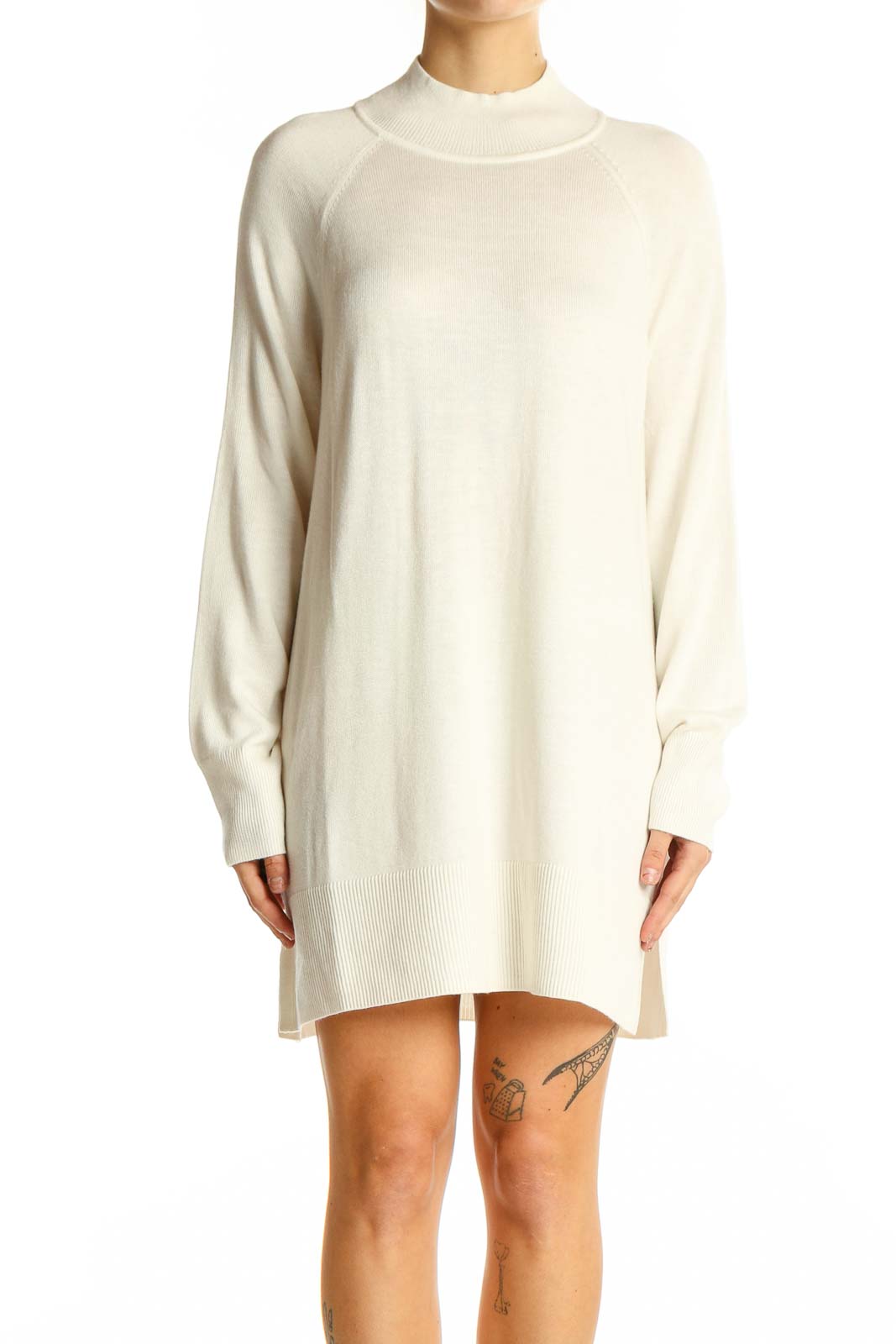 Cream Oversized Mock Neck Sweater Dress Front