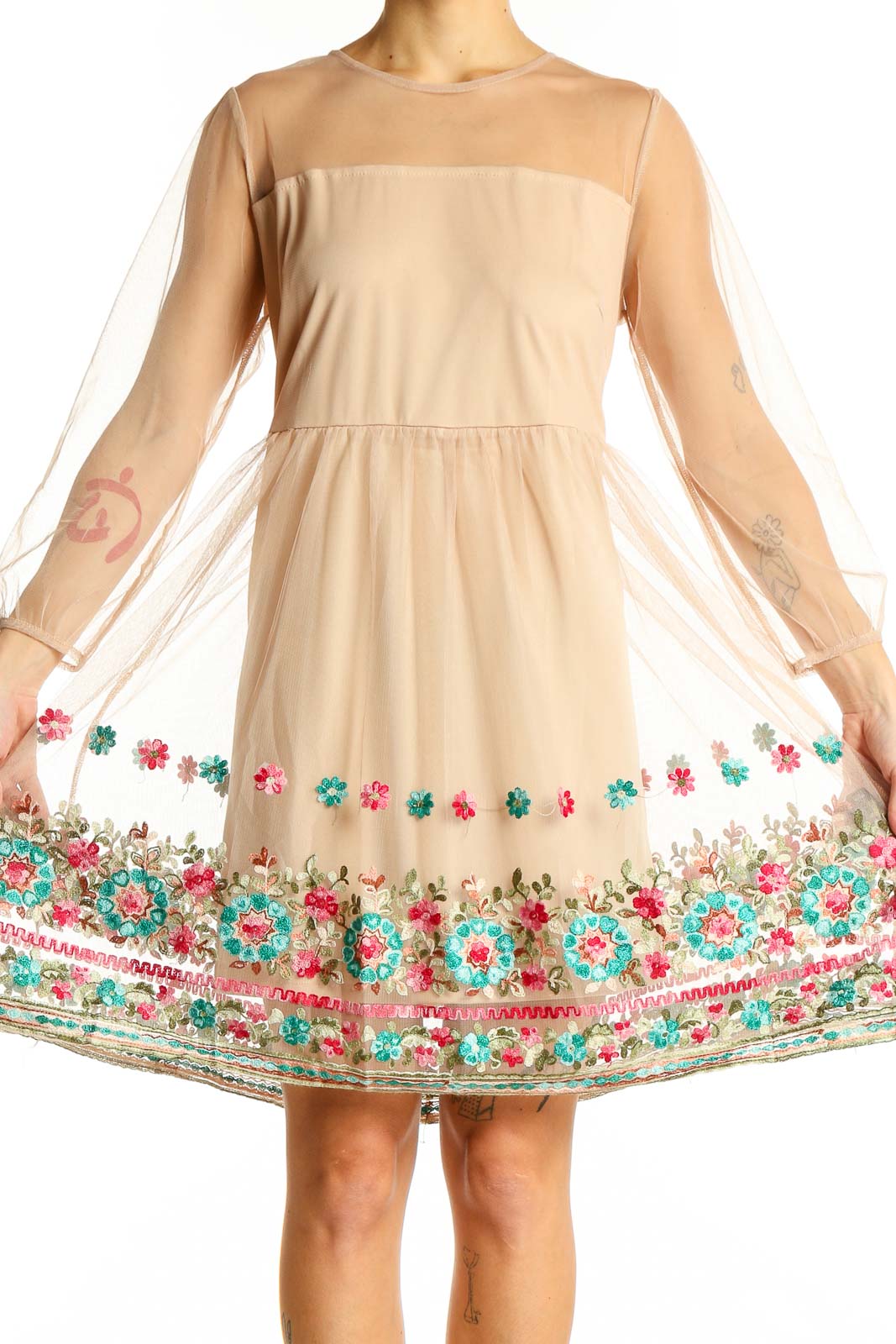 Beige Floral Embroidered Mesh Dress Front