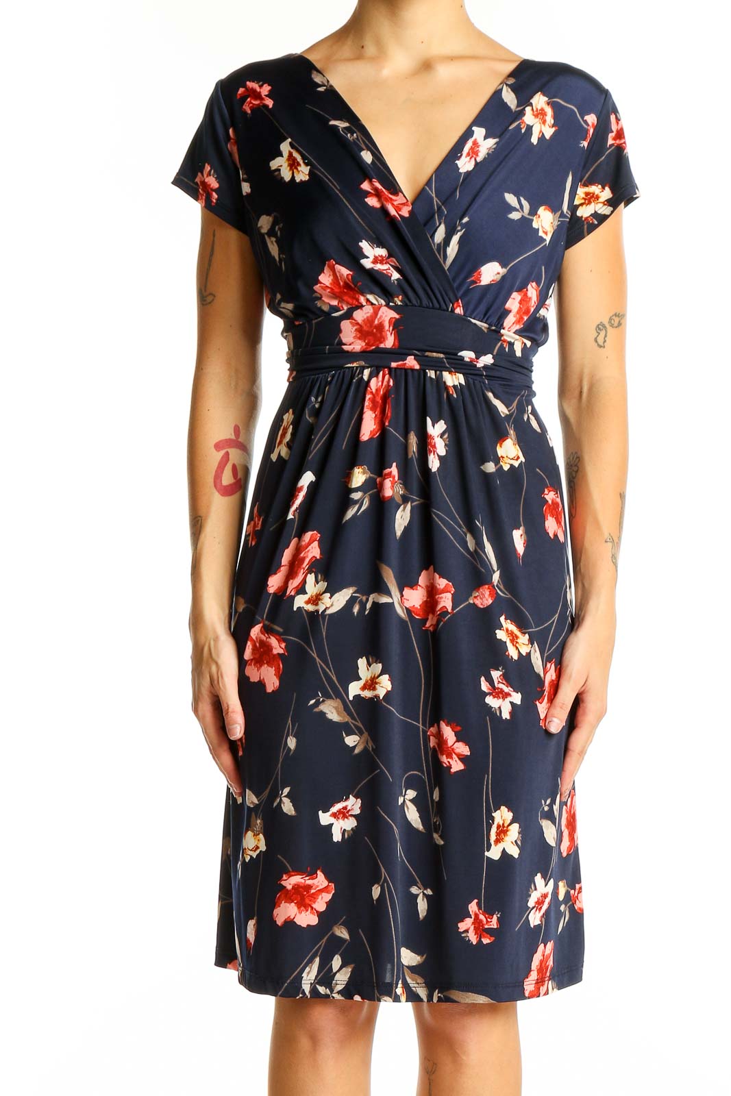 Navy Floral Wrap Midi Dress Front