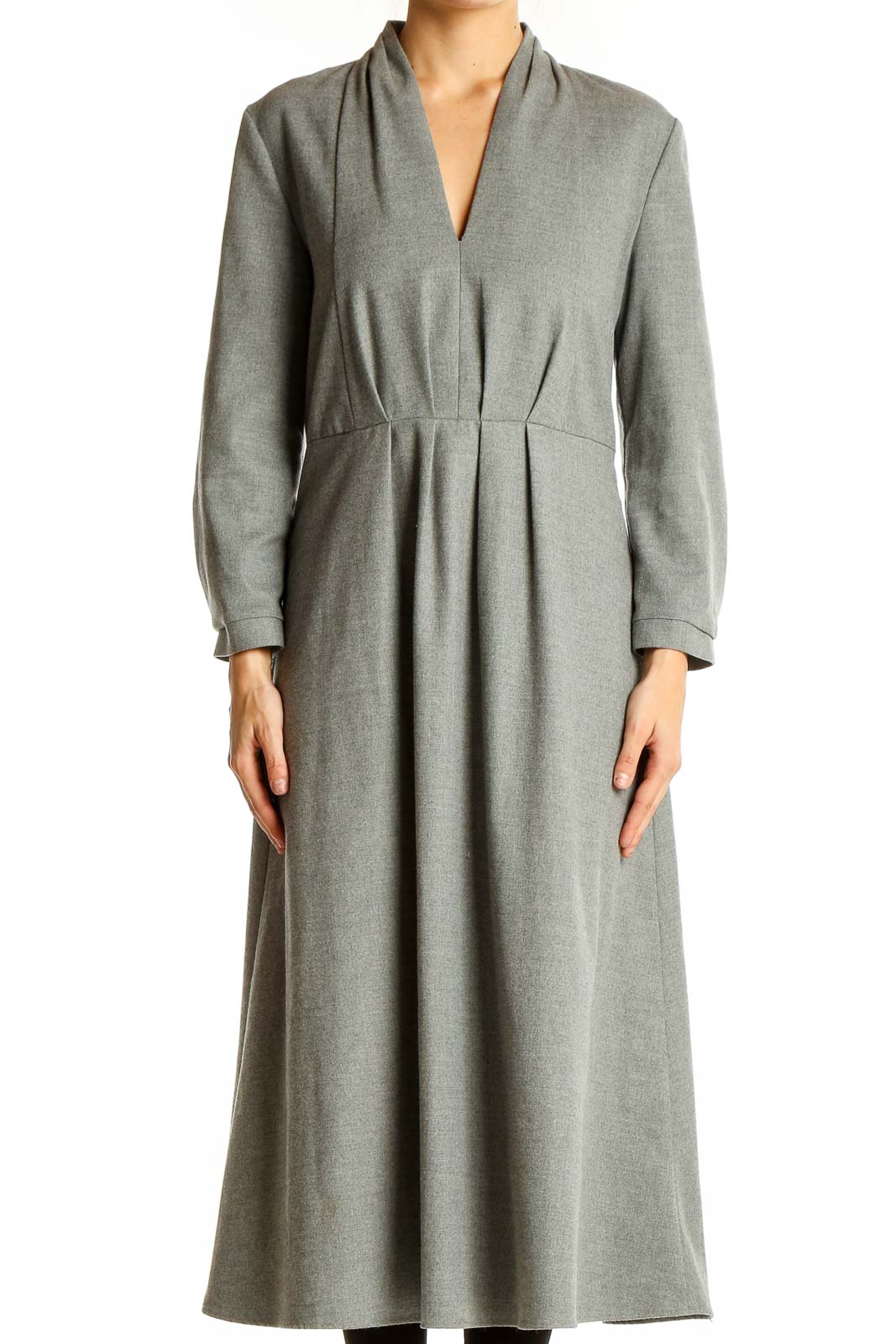 Gray V-Neck Pleated Midi Dress Front