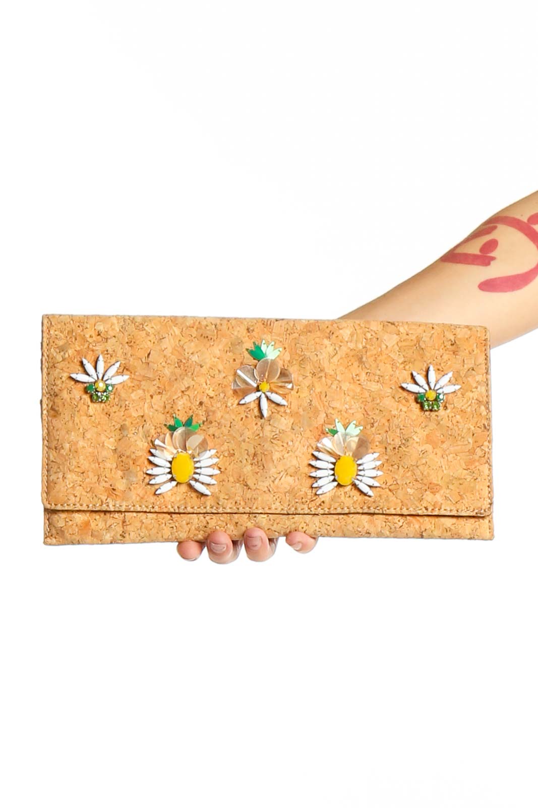 Cork Floral Embellished Clutch Front