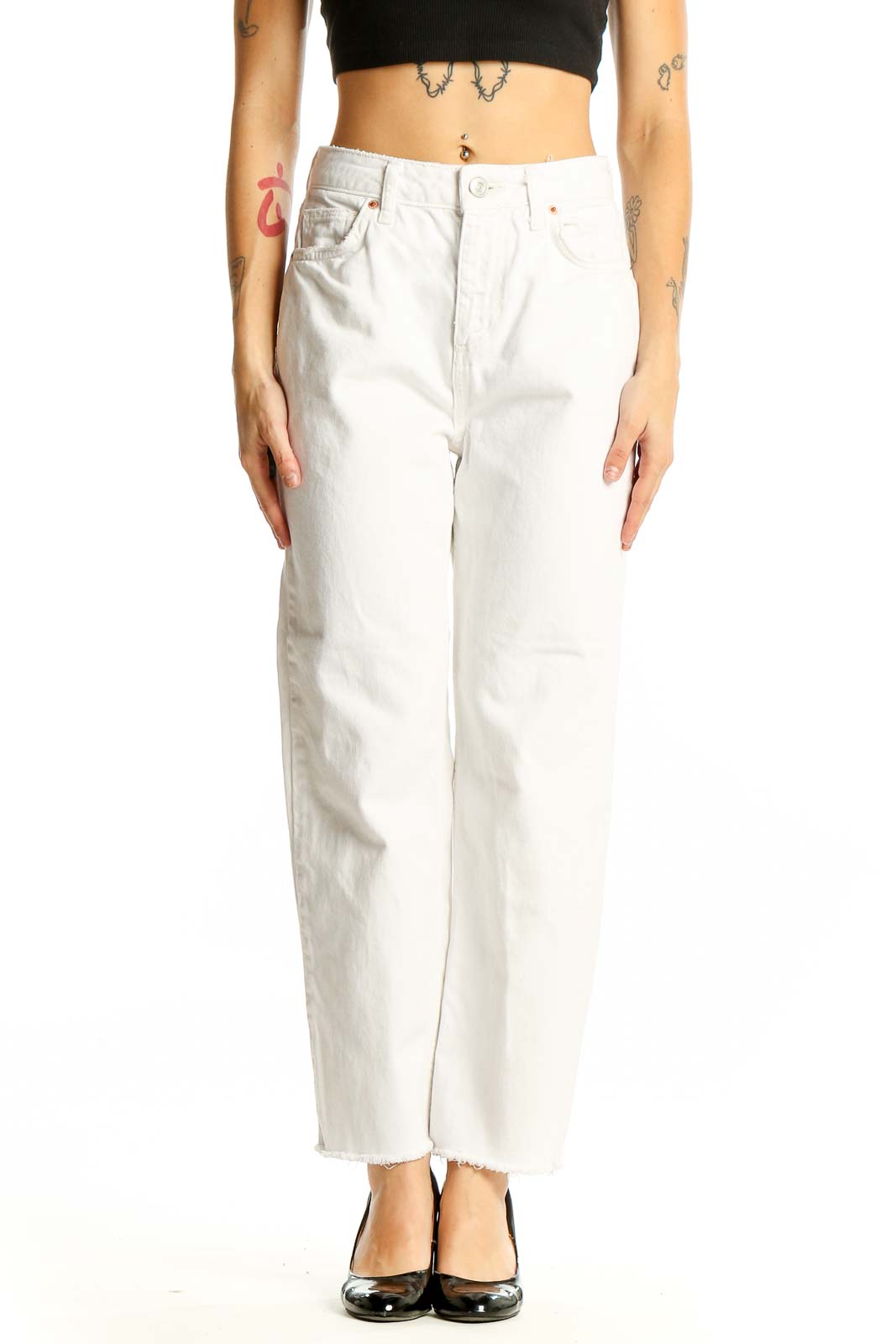 White Cotton High-Waisted Straight-Leg Jeans Front