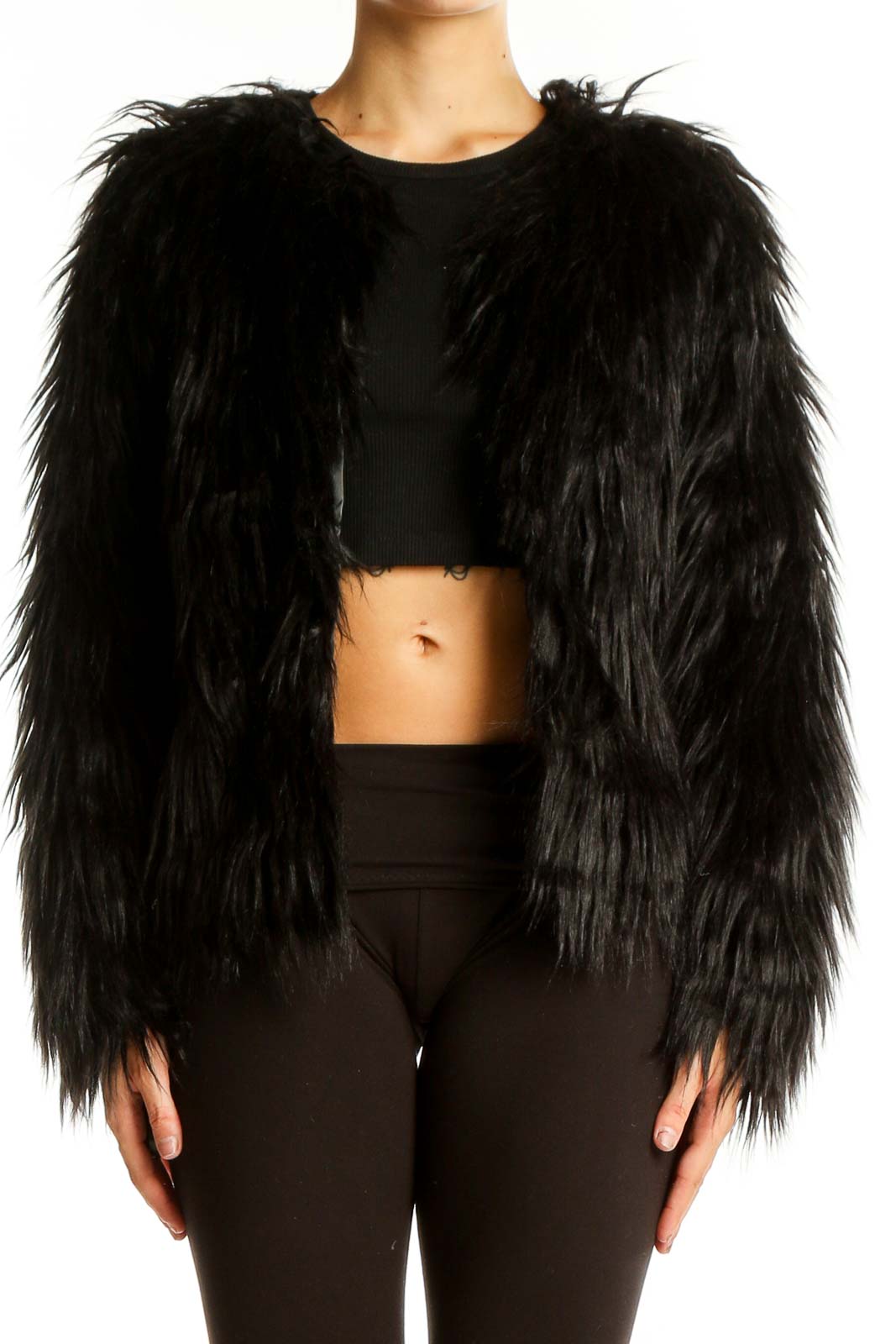 Black Shaggy Faux Fur Cropped Jacket Front